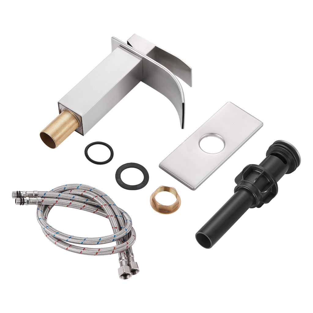 Arc Waterfall Single Handle Single Hole Bathroom Faucet with Drain Kit Includedin Brushed Nickel