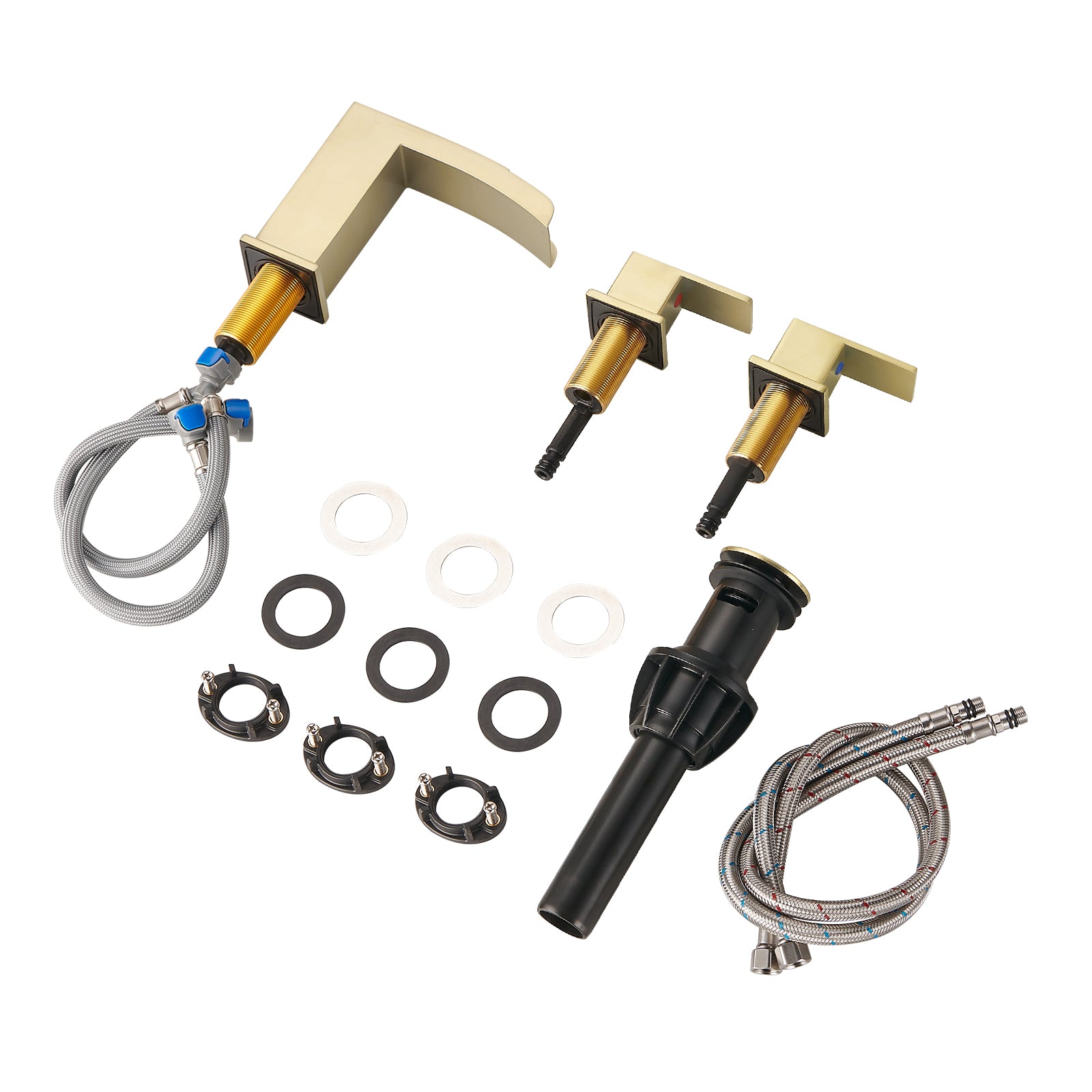 Waterfall Spout 304 stainless steel 8 in. Widespread Double Handle Bathroom Faucet with Drain Kit Included in Gold