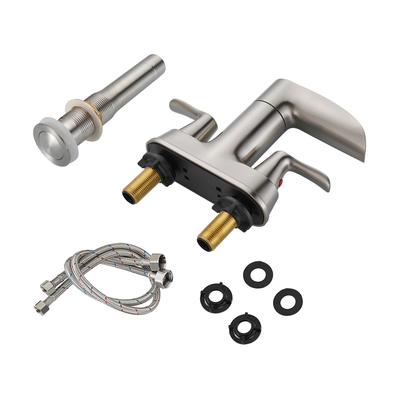 Rotatable 4 in. Centerset Double Bathroom Faucet with Drain kit Included Waterfall Lavatory in Brushed Nickel