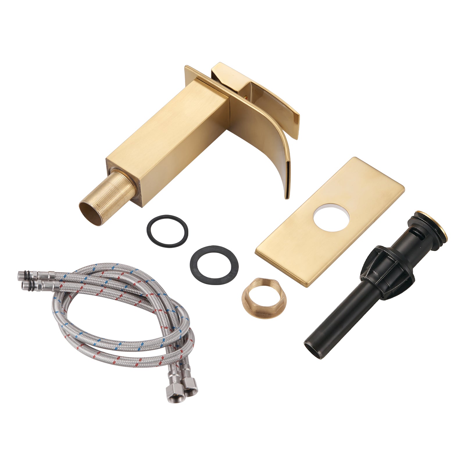 Arc Waterfall Single Handle Single Hole Bathroom Faucet with Drain Kit Included in Brushed Gold
