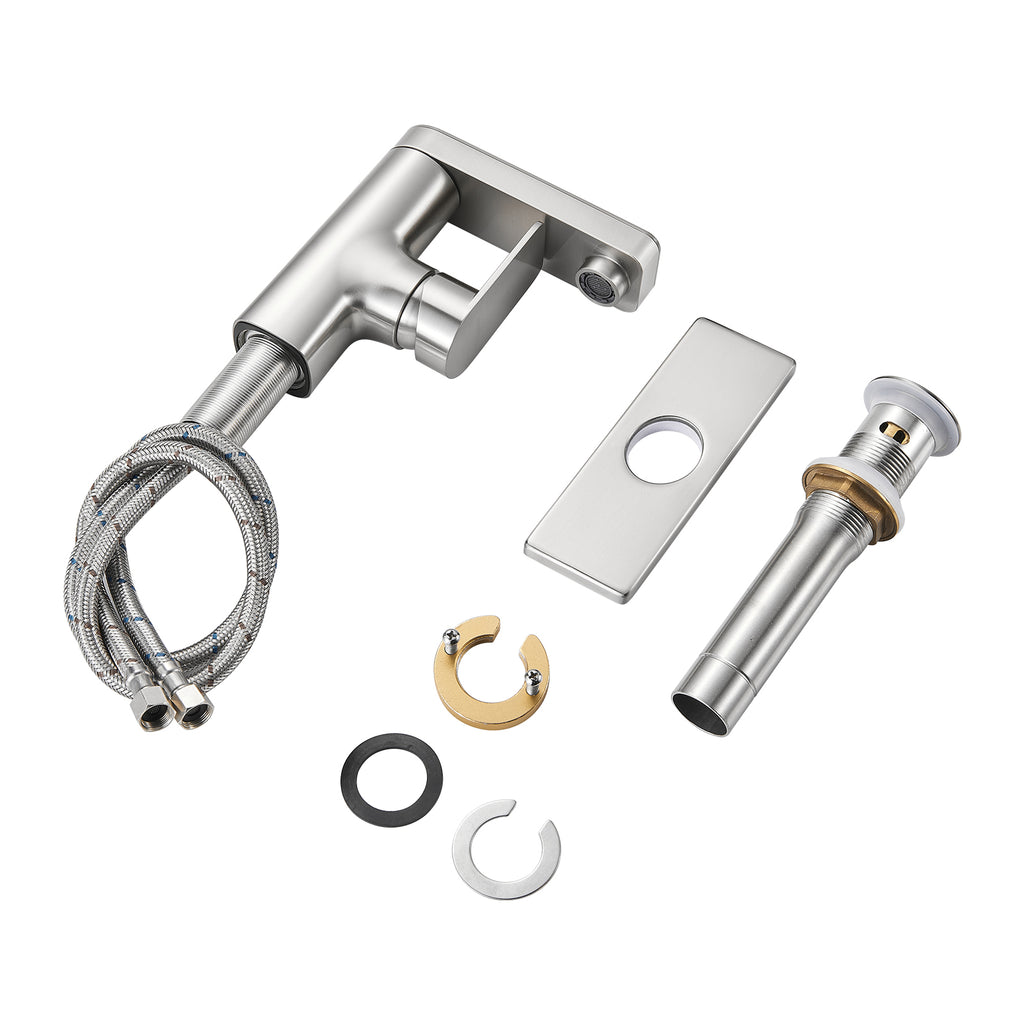 Single Handle Single Hole Low Arc Bathroom Faucet With Metal Pop Up Drain Assembly Swivel Sink Faucet in Brushed Nickel
