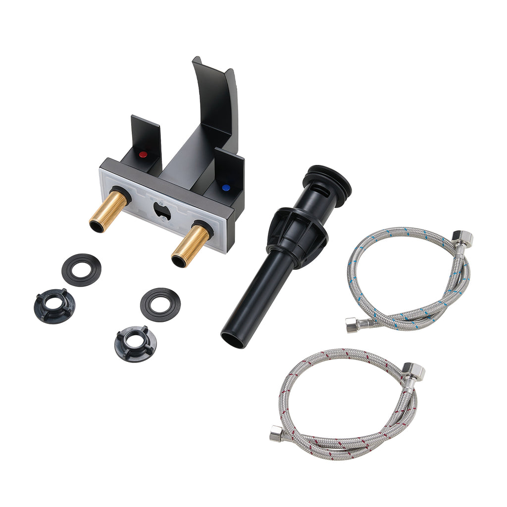 Waterfall Spout 304 stainless steel 4 in. Centerset Double Handle Bathroom Faucet with Drain Kit Included in Matte Black