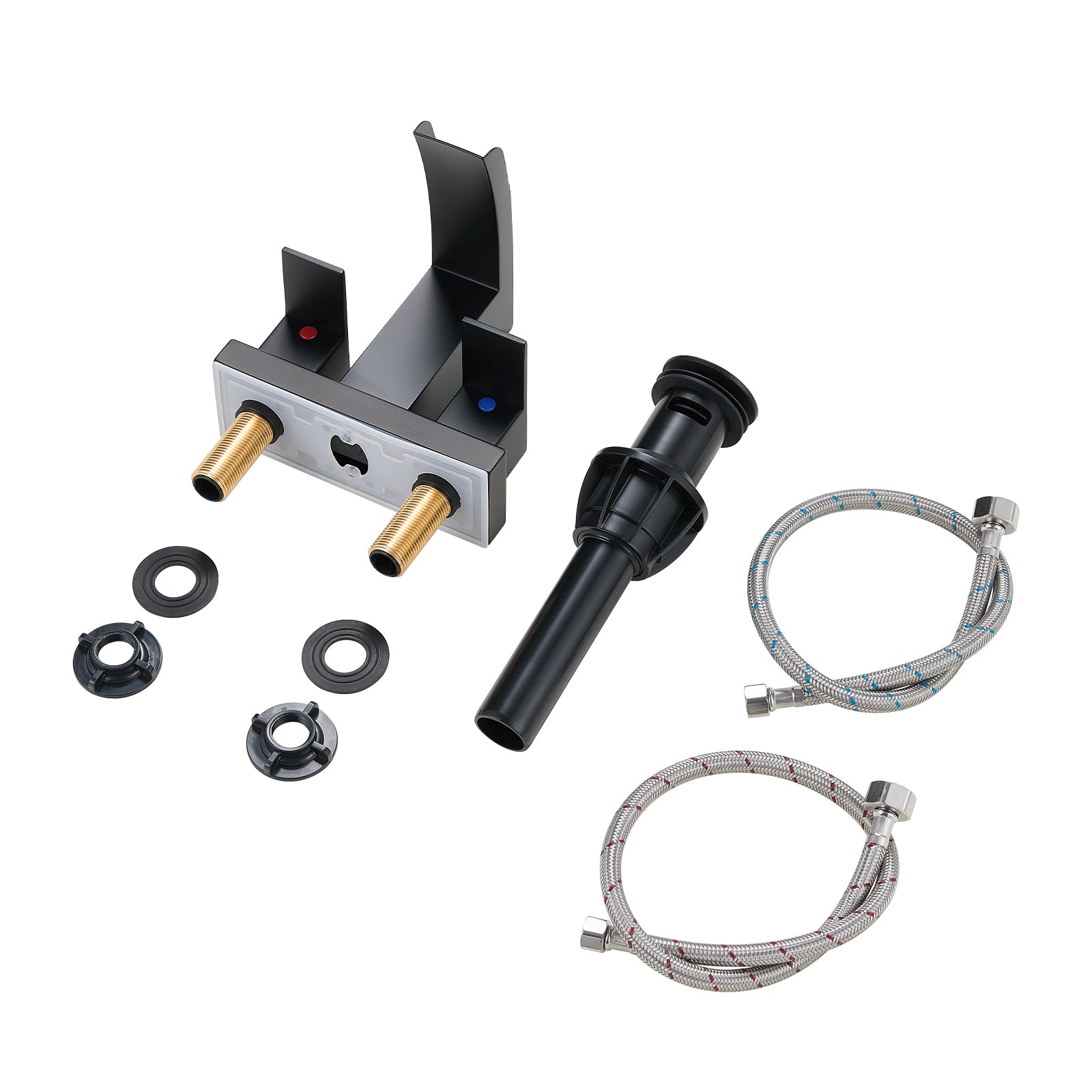 Waterfall Spout 304 stainless steel 4 in. Centerset Double Handle Bathroom Faucet with Drain Kit Included in Matte Black