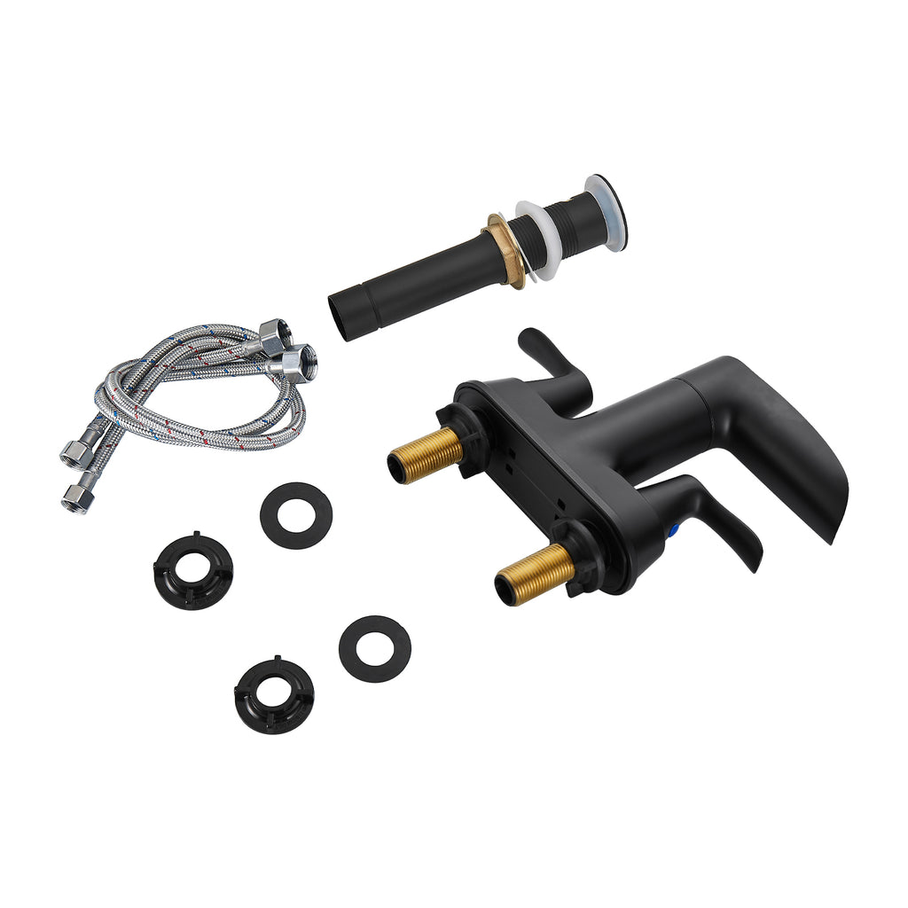 Rotatable 4 in. Centerset Double Bathroom Faucet with Drain kit Included Waterfall Lavatory in Matte Black