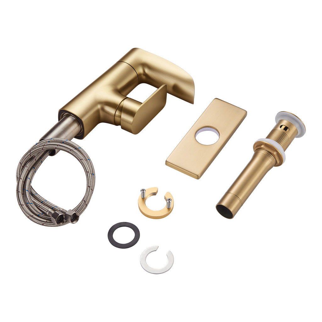 Waterfall Single Handle Single Hole Low Arc Bathroom Faucet With Metal Pop Up Drain Assembly Sink Faucet in Gold