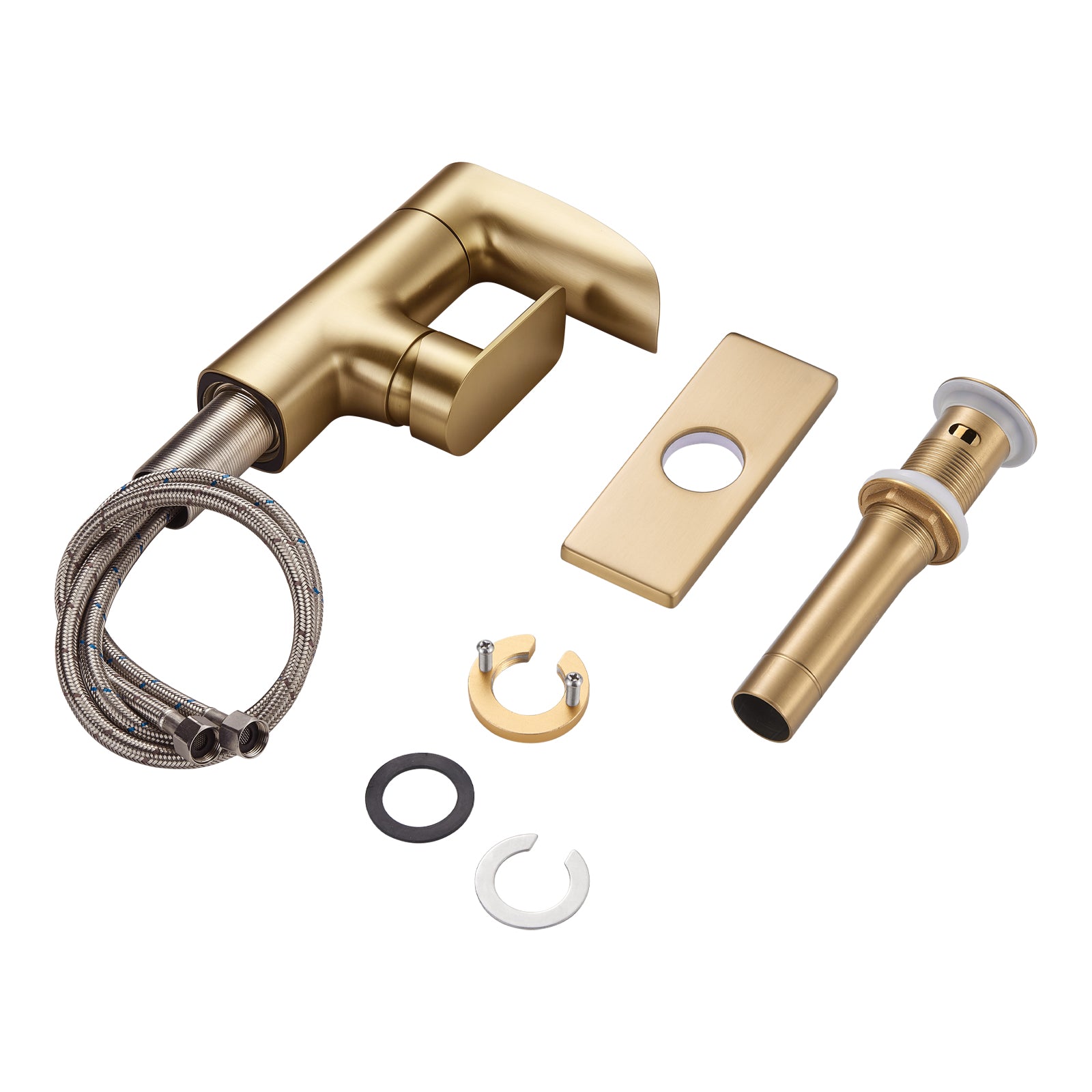 Waterfall Single Handle Single Hole Low Arc Bathroom Faucet With Metal Pop Up Drain Assembly Sink Faucet in Gold