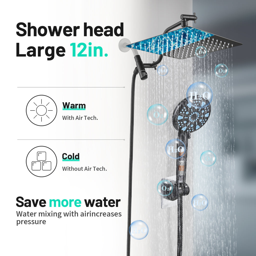 Rainfull 2-in-1 9-Spray Patterns Adjustable Fixed Shower Head with Filter 1.8 GPM and Handheld Shower Head in Black