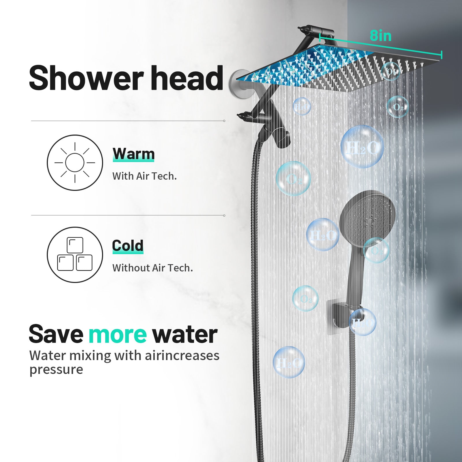 Rainfall Shower Head Combo 5-Spray 8 in. Wall Mount Dual Shower Heads and Handheld Shower Head with 1.8 GPM in Black