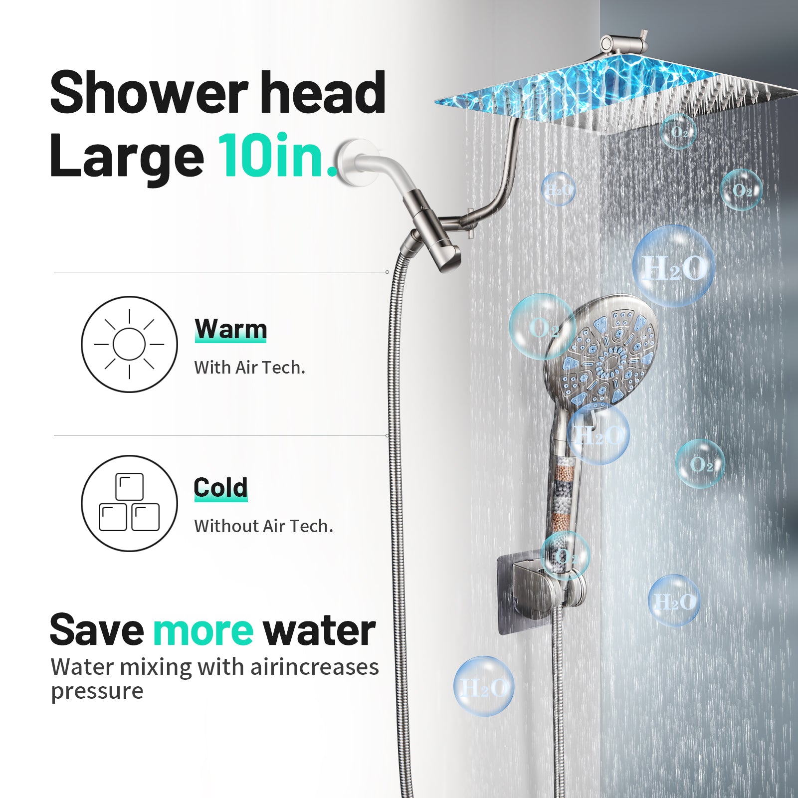 Rainfull 2-in-1 9-Spray Patterns Adjustable Wall Mount Shower Head with Filter 2.5 GPM and Handheld Shower Head in Nickel