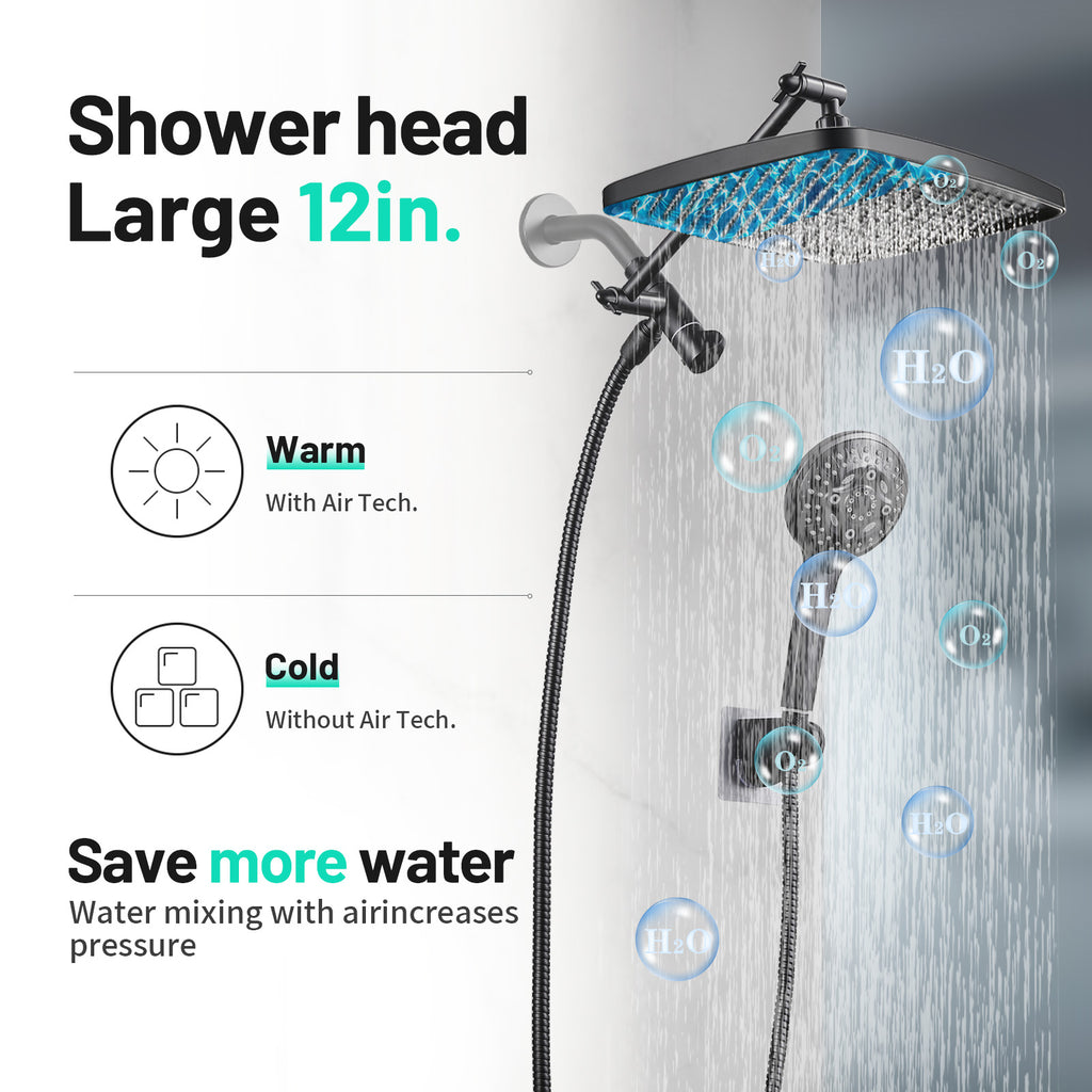Rainfull 2-in-1 8-Spray Patterns with 1.8 GPM 12 in. Wall Mount Dual Shower Head and Handheld Shower Head in Black