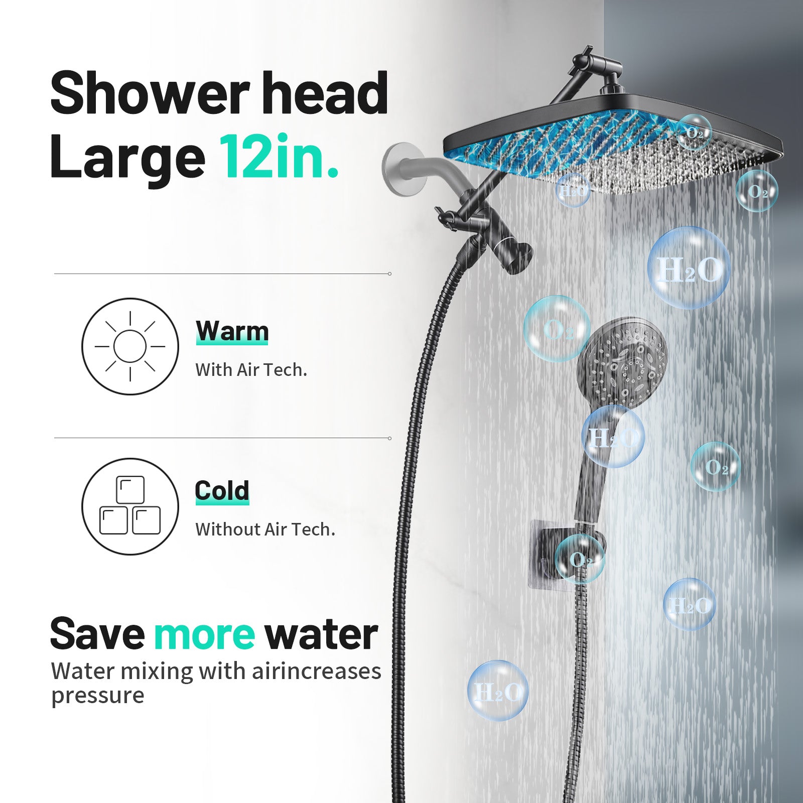 Rainfull 2-in-1 8-Spray Patterns with 1.8 GPM 12 in. Wall Mount Dual Shower Head and Handheld Shower Head in Black