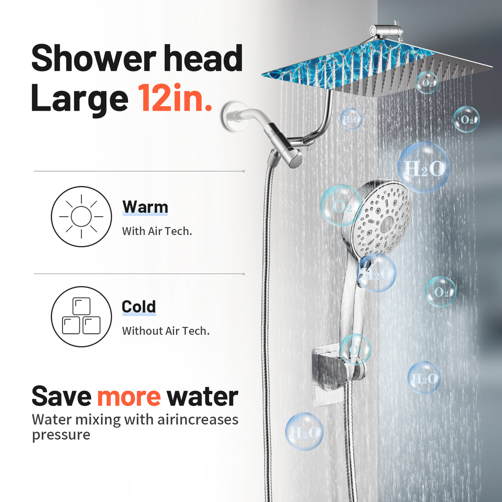 Rainfall Shower Head Combo 12-Spray 12 in. Wall Mount Dual Shower Heads and Handheld Shower Head with 1.8 GPM in Chrome