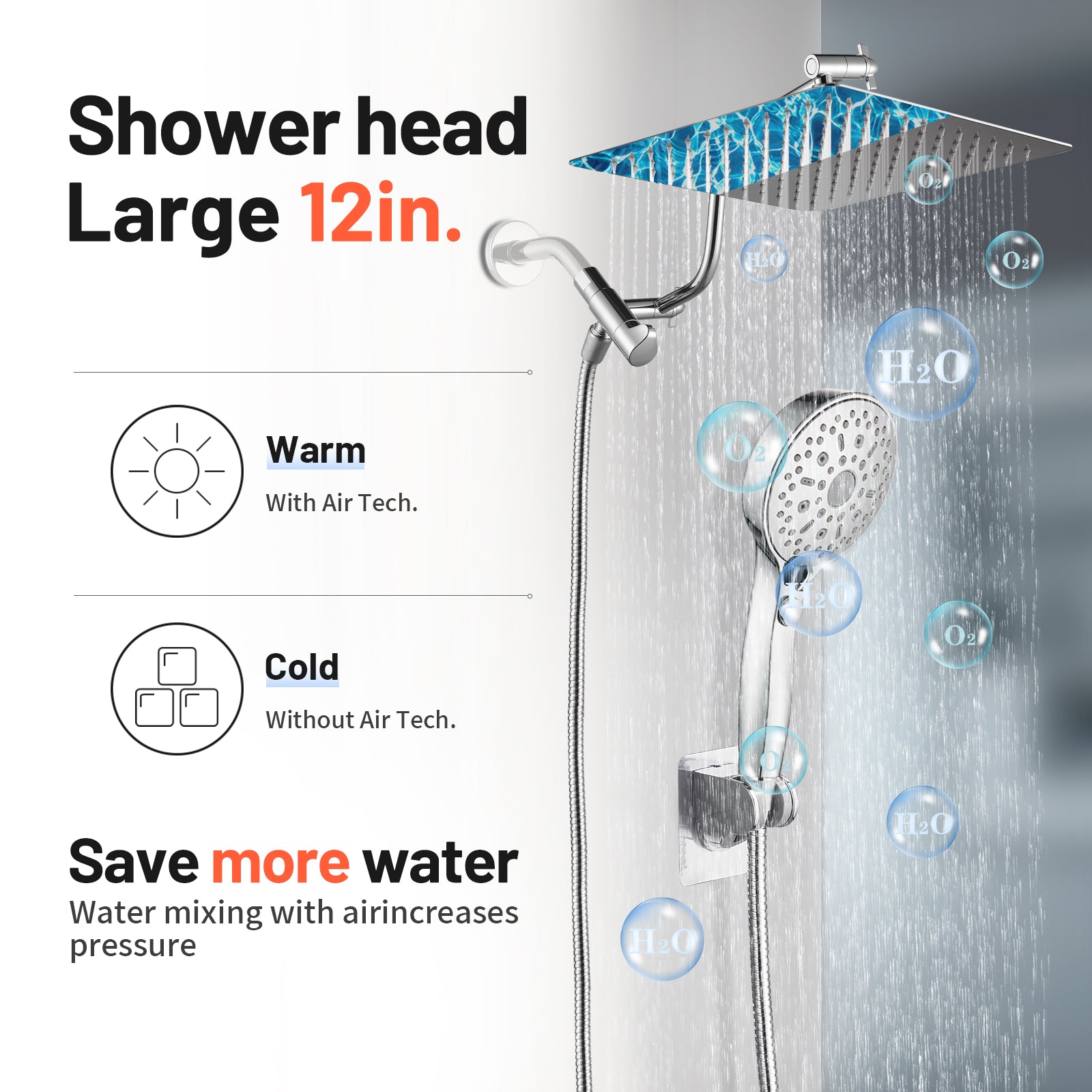 Rainfall Shower Head Combo 12-Spray 12 in. Wall Mount Dual Shower Heads and Handheld Shower Head with 1.8 GPM in Chrome