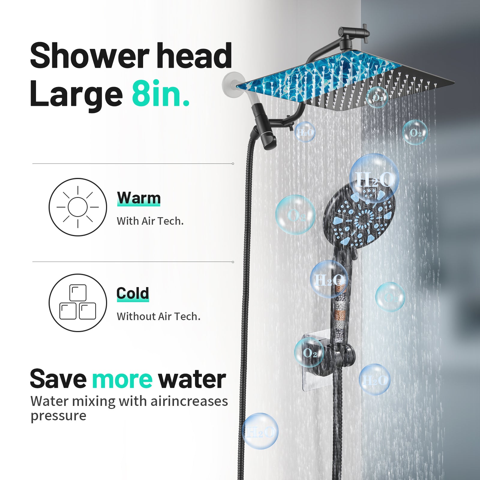 Rainfull 2-in-1 9-Spray Patterns Adjustable Wall Mount Shower Head with Filter 2.5 GPM and Handheld Shower Head in Black
