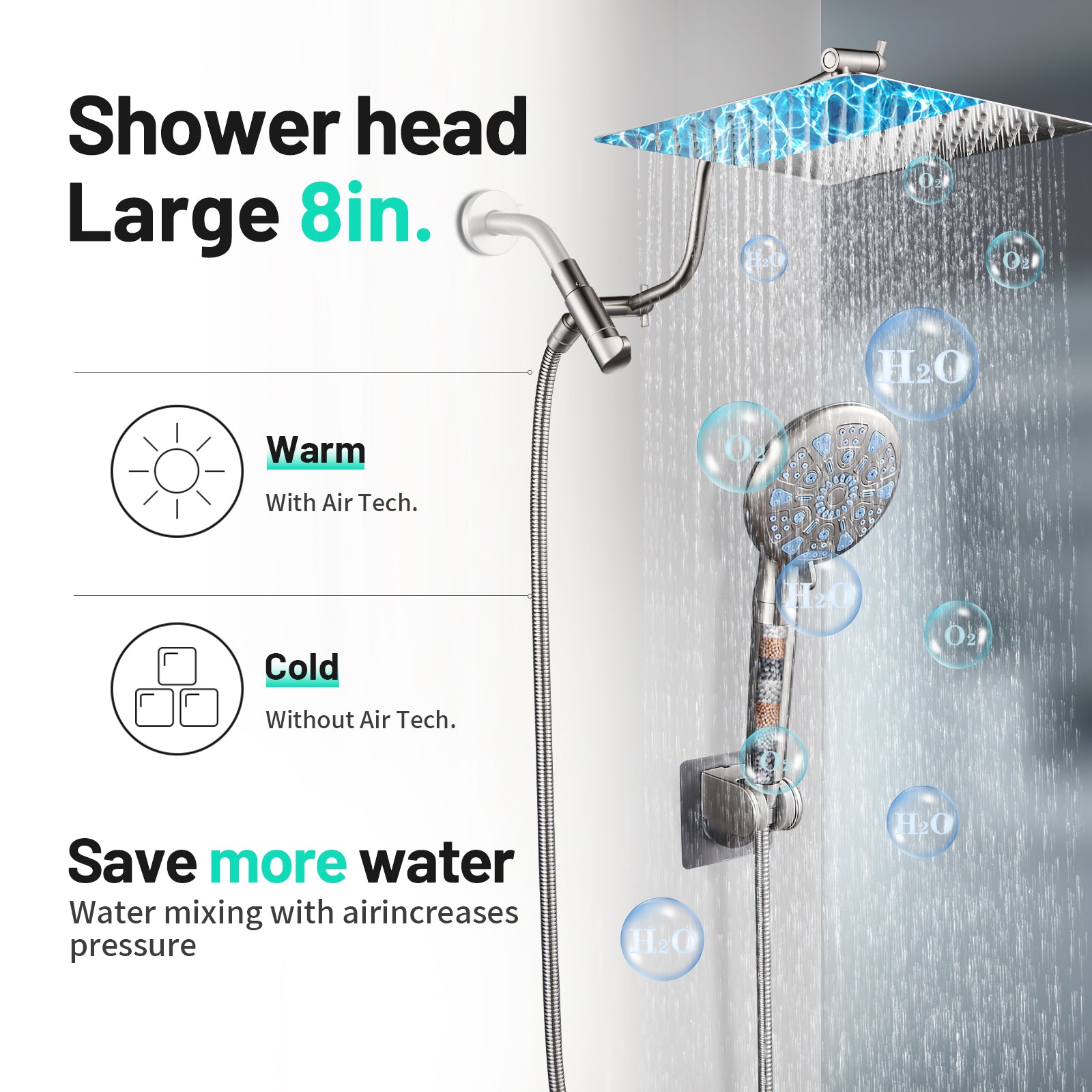 Rain Shower Head Combo 1.8 GPM 5-Spray 8 " Wall Mount Dual Shower Heads and Handheld Shower Head in Brushed Nicke