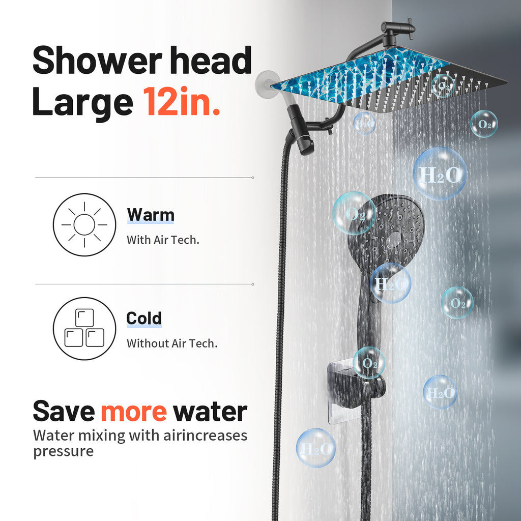 Rainfall Shower Head Combo 12-Spray 12 in. Wall Mount Dual Shower Heads and Handheld Shower Head with 1.8 GPM in Black