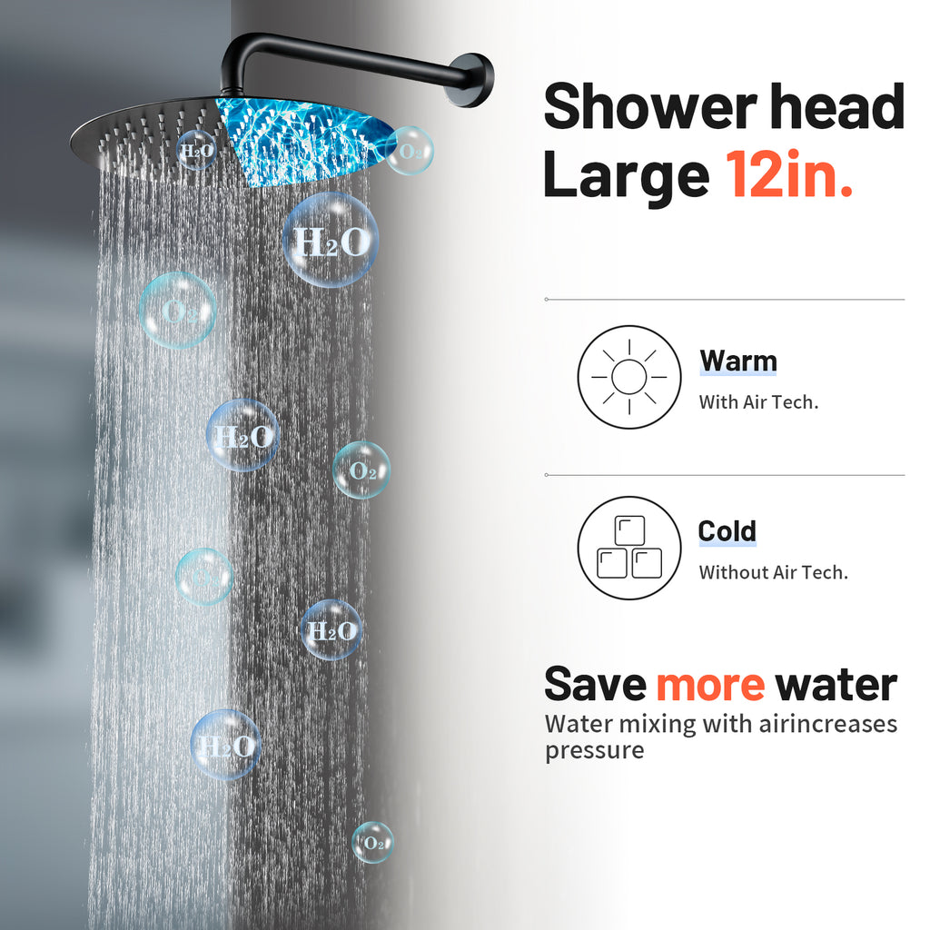 Rain Single Handle 1-Spray with Valve 1.8 GPM 12 " Shower Faucet Pressure Balance Dual Shower Heads in Black
