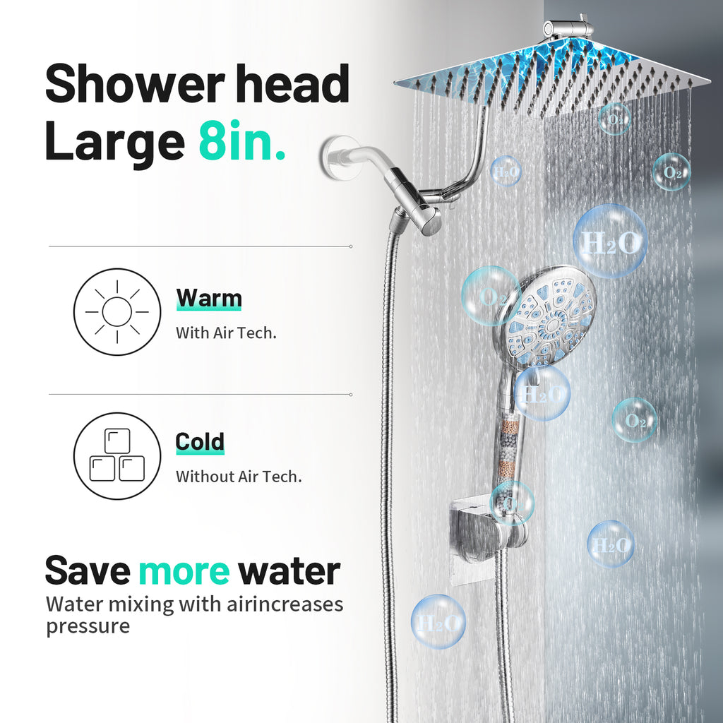 Rainfall Shower Head Combo 5-Spray 8 in. Wall Mount Dual Shower Heads and Handheld Shower Head with 1.8 GPM in Chrome
