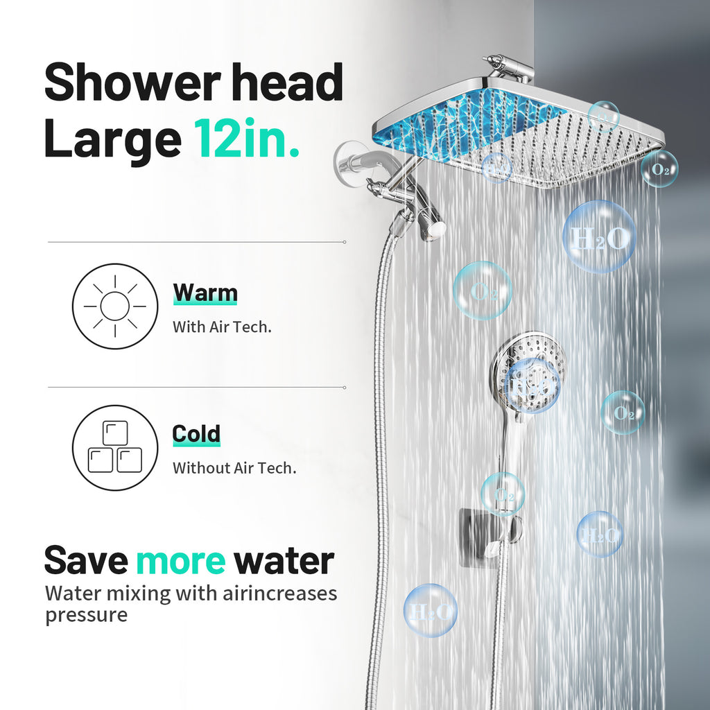 Rainfull 2-in-1 8-Spray Patterns with 1.8 GPM 12 in. Wall Mount Dual Shower Head and Handheld Shower Head in Chrome