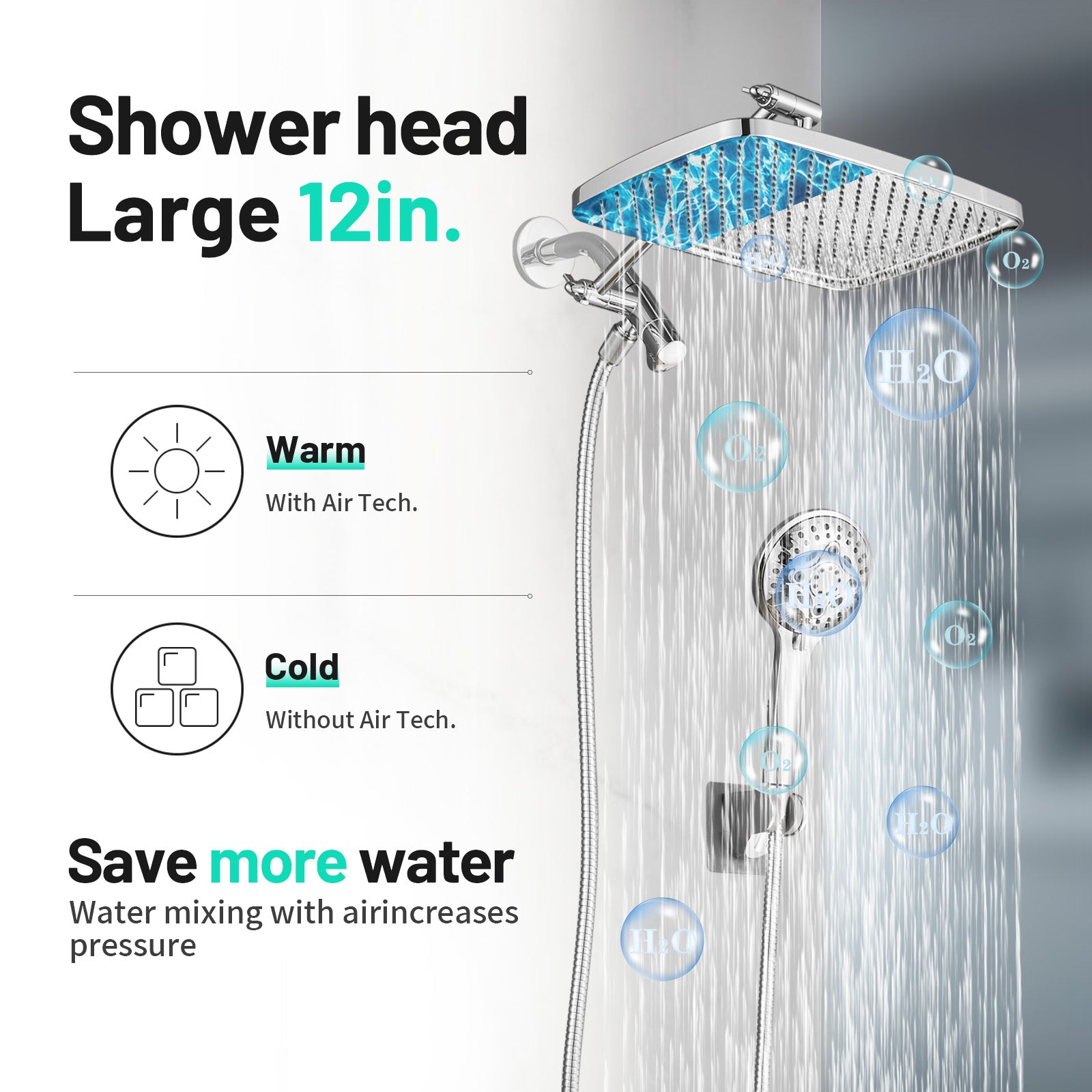 Rainfull 2-in-1 8-Spray Patterns with 1.8 GPM 12 in. Wall Mount Dual Shower Head and Handheld Shower Head in Chrome