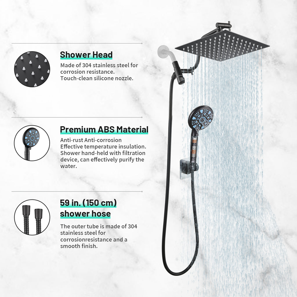 Rainfull 2-in-1 9-Spray Patterns Adjustable Wall Mount Shower Head with Filter 2.5 GPM and Handheld Shower Head in Black