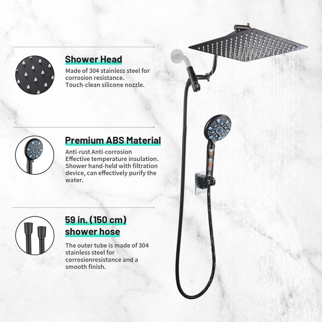 Rainfull 2-in-1 9-Spray Patterns Adjustable Fixed Shower Head with Filter 1.8 GPM and Handheld Shower Head in Black