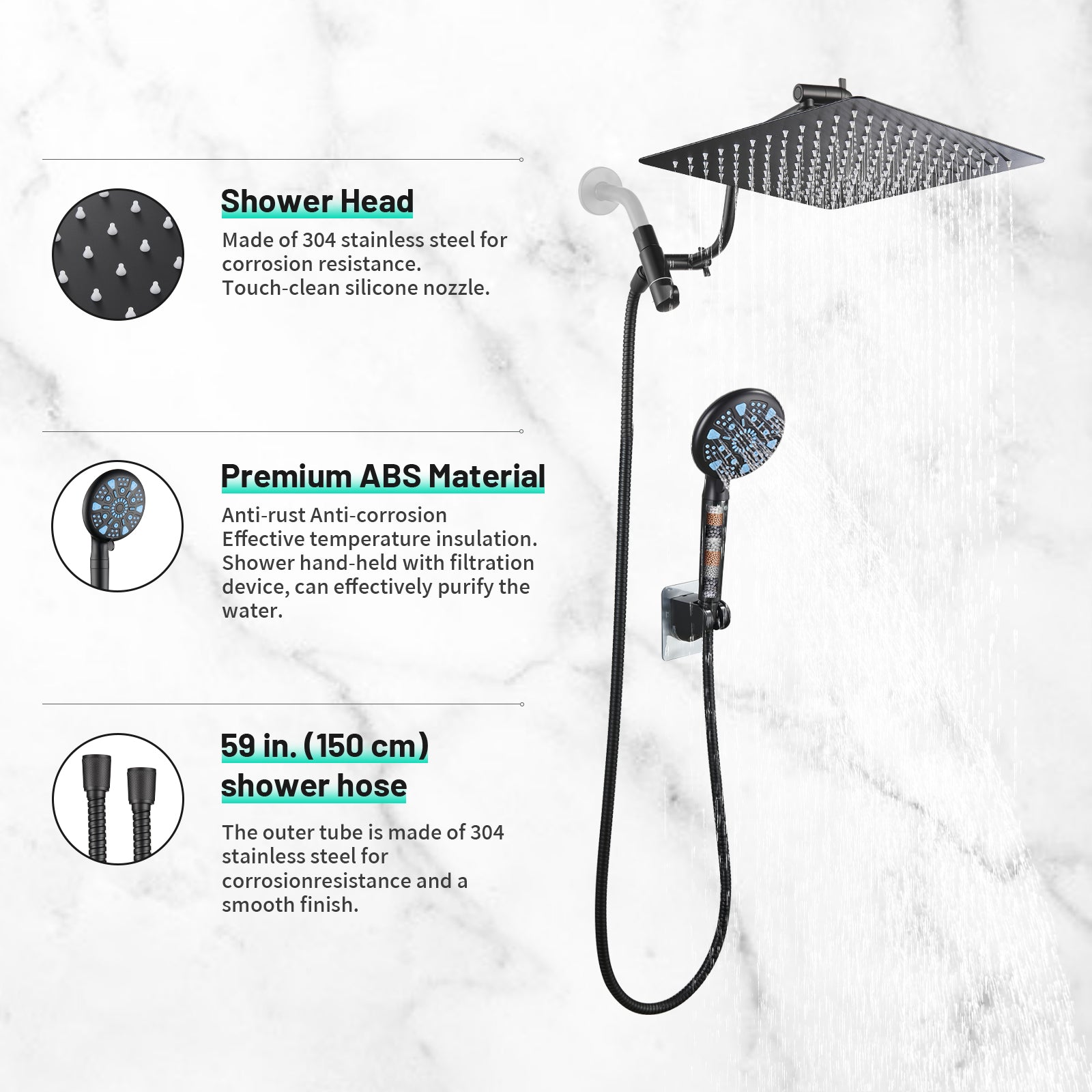 Rainfull 2-in-1 9-Spray Patterns Adjustable Fixed Shower Head with Filter 1.8 GPM and Handheld Shower Head in Black