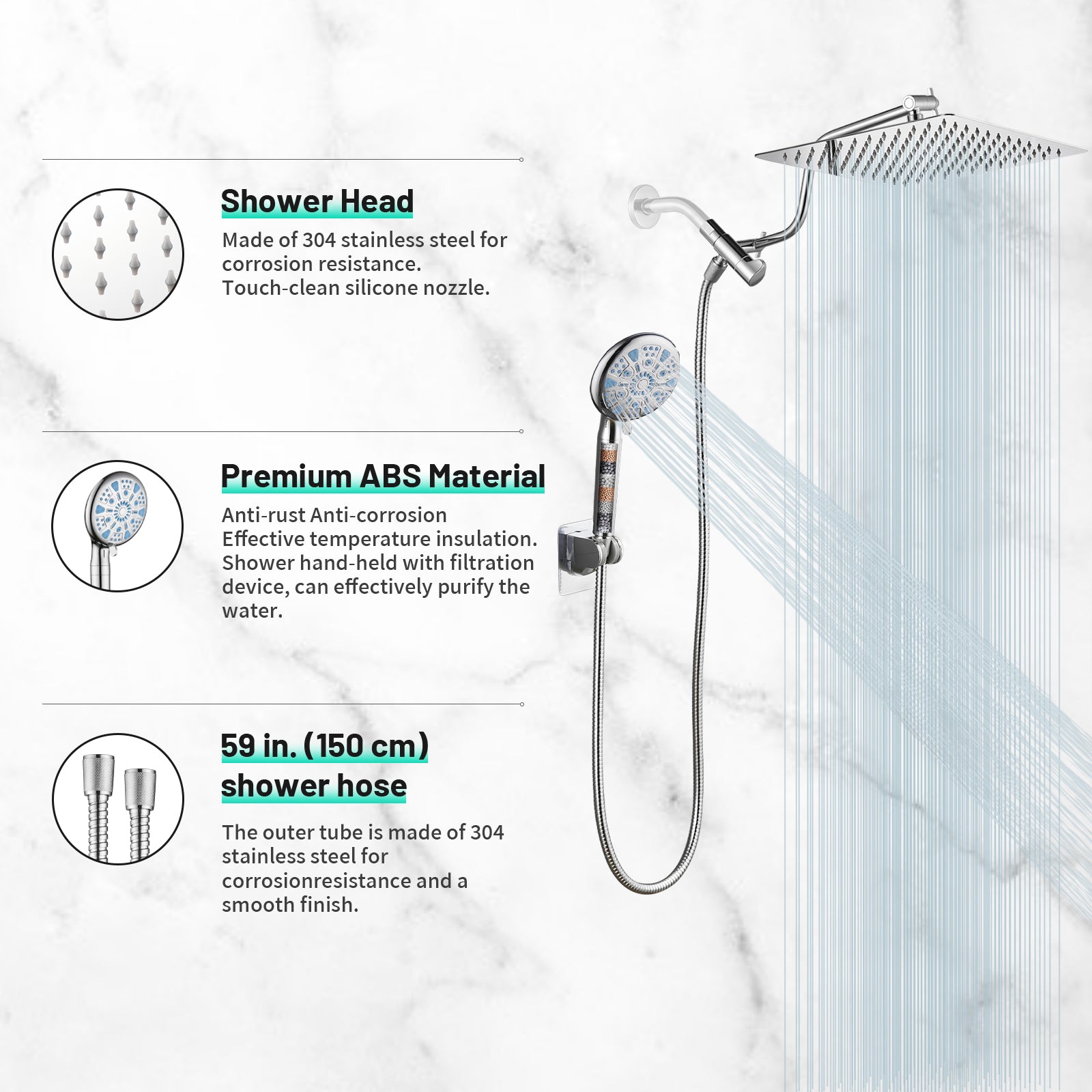 Rainfull 2-in-1 9-Spray Patterns Adjustable Fixed Shower Head with Filter 1.8 GPM and Handheld Shower Head in Chrome