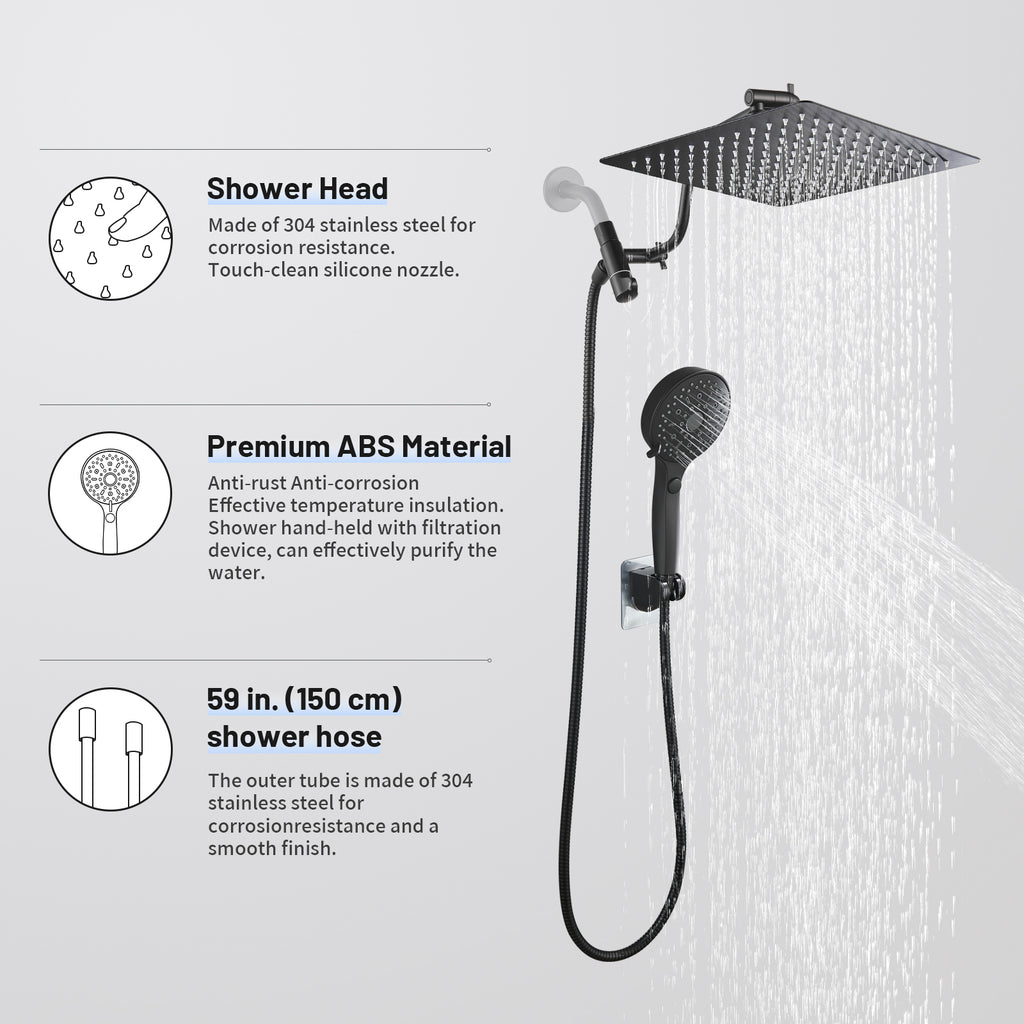 Rainfall Shower Head Combo 12-Spray 12 in. Wall Mount Dual Shower Heads and Handheld Shower Head with 1.8 GPM in Black