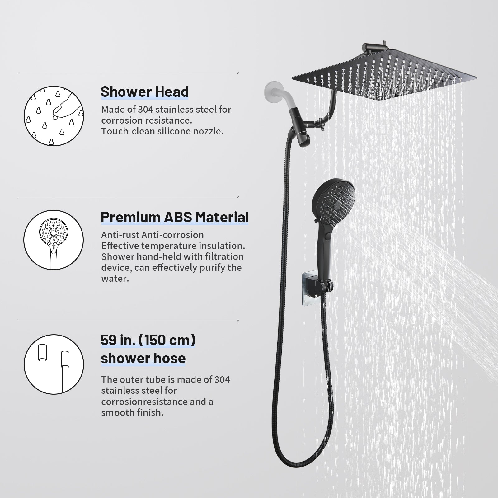Rainfall Shower Head Combo 12-Spray 12 in. Wall Mount Dual Shower Heads and Handheld Shower Head with 1.8 GPM in Black
