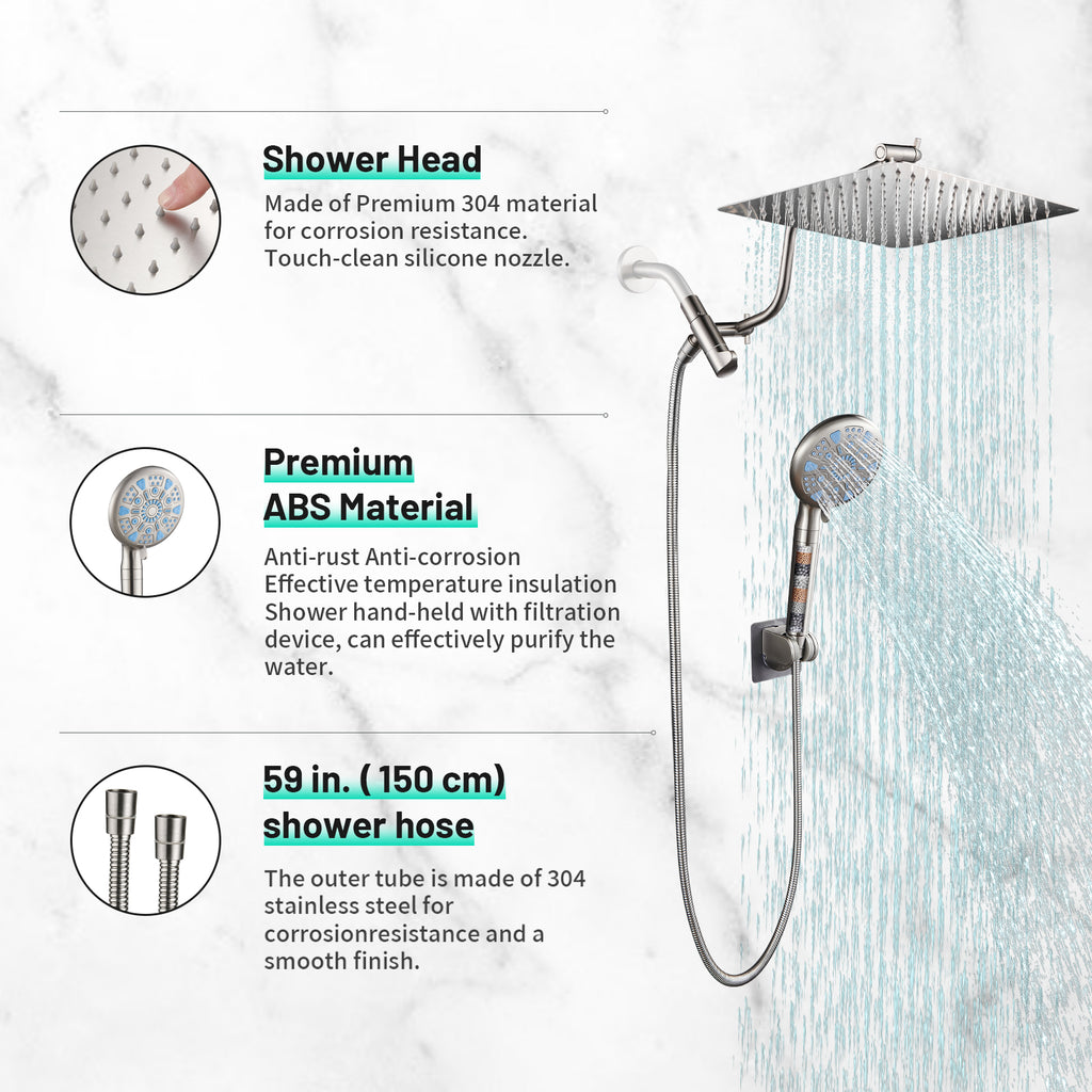 Rainfull 5-Spray Patterns 10 in. Wall Mount Dual Shower Heads and Handheld Shower Head 1.8 GPM in Brushed Nickel