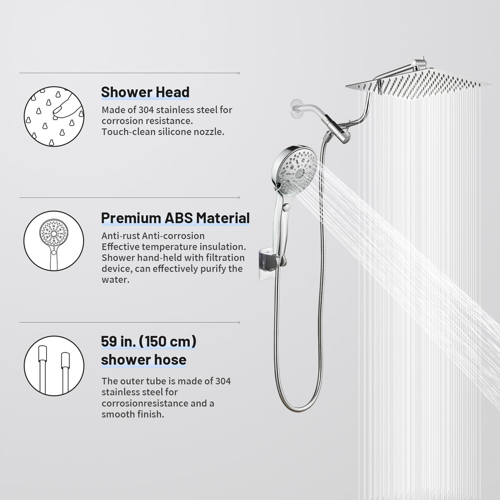 Rainfall Shower Head Combo 12-Spray 12 in. Wall Mount Dual Shower Heads and Handheld Shower Head with 1.8 GPM in Chrome