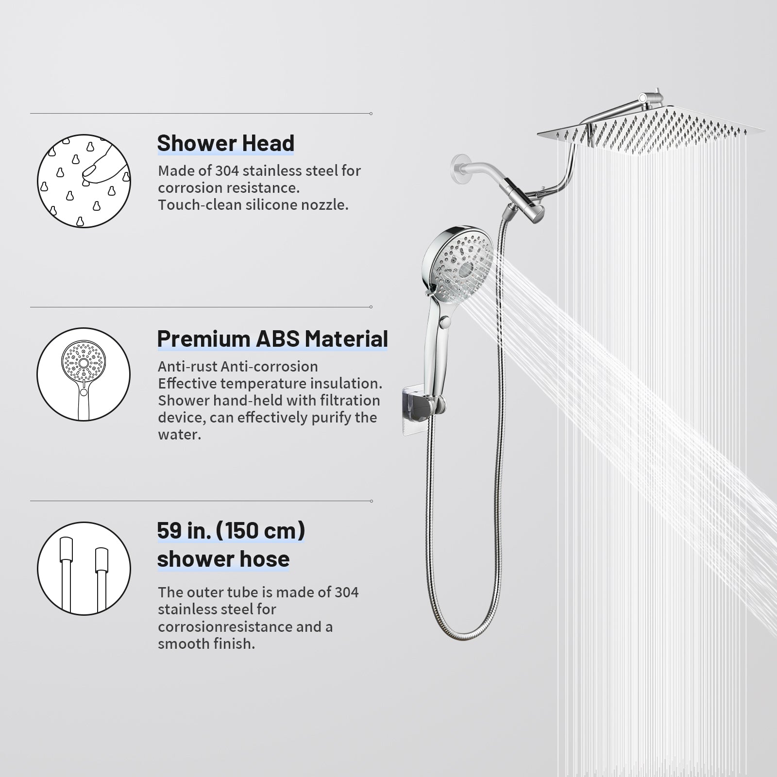 Rainfall Shower Head Combo 12-Spray 12 in. Wall Mount Dual Shower Heads and Handheld Shower Head with 1.8 GPM in Chrome