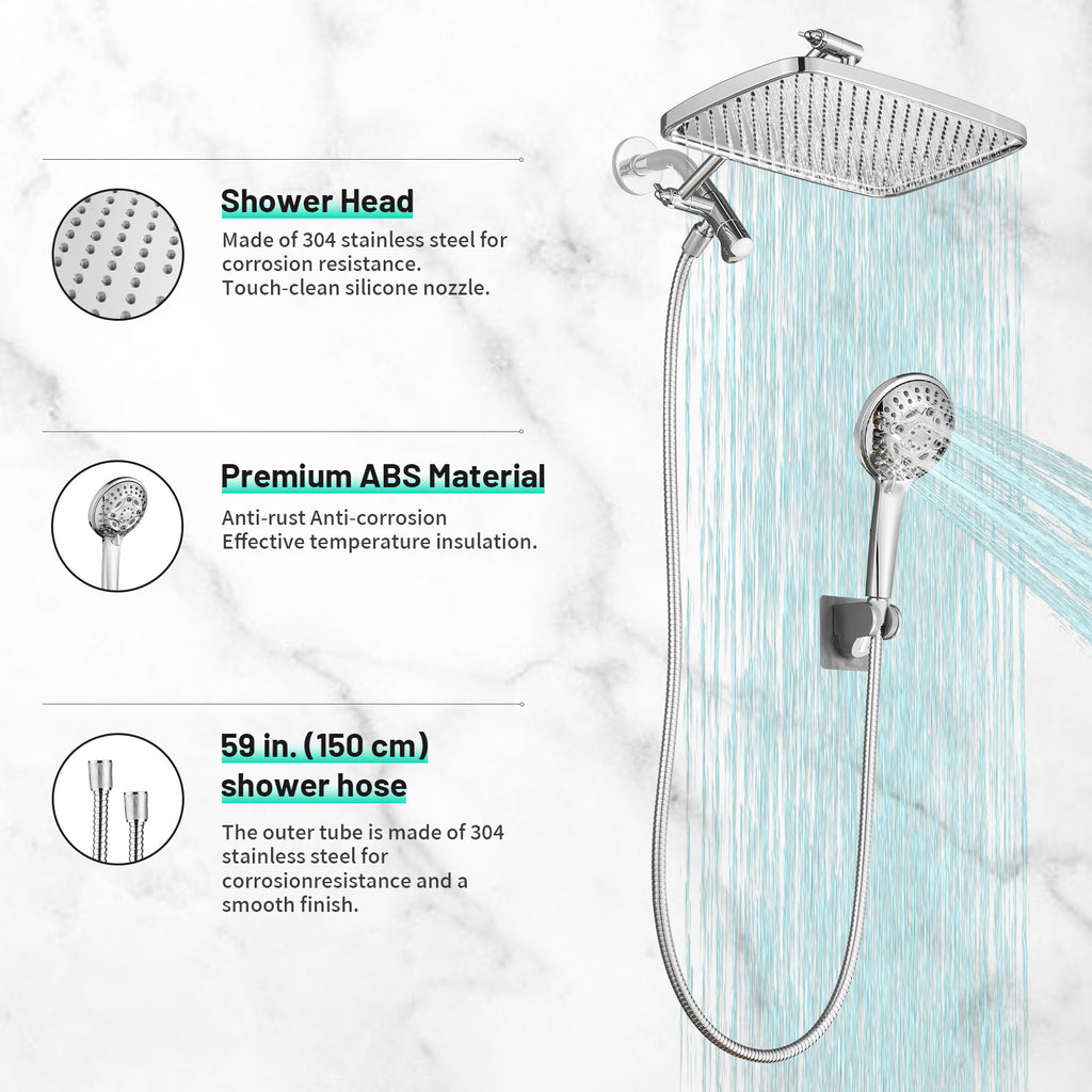 Rainfull 2-in-1 8-Spray Patterns with 1.8 GPM 12 in. Wall Mount Dual Shower Head and Handheld Shower Head in Chrome