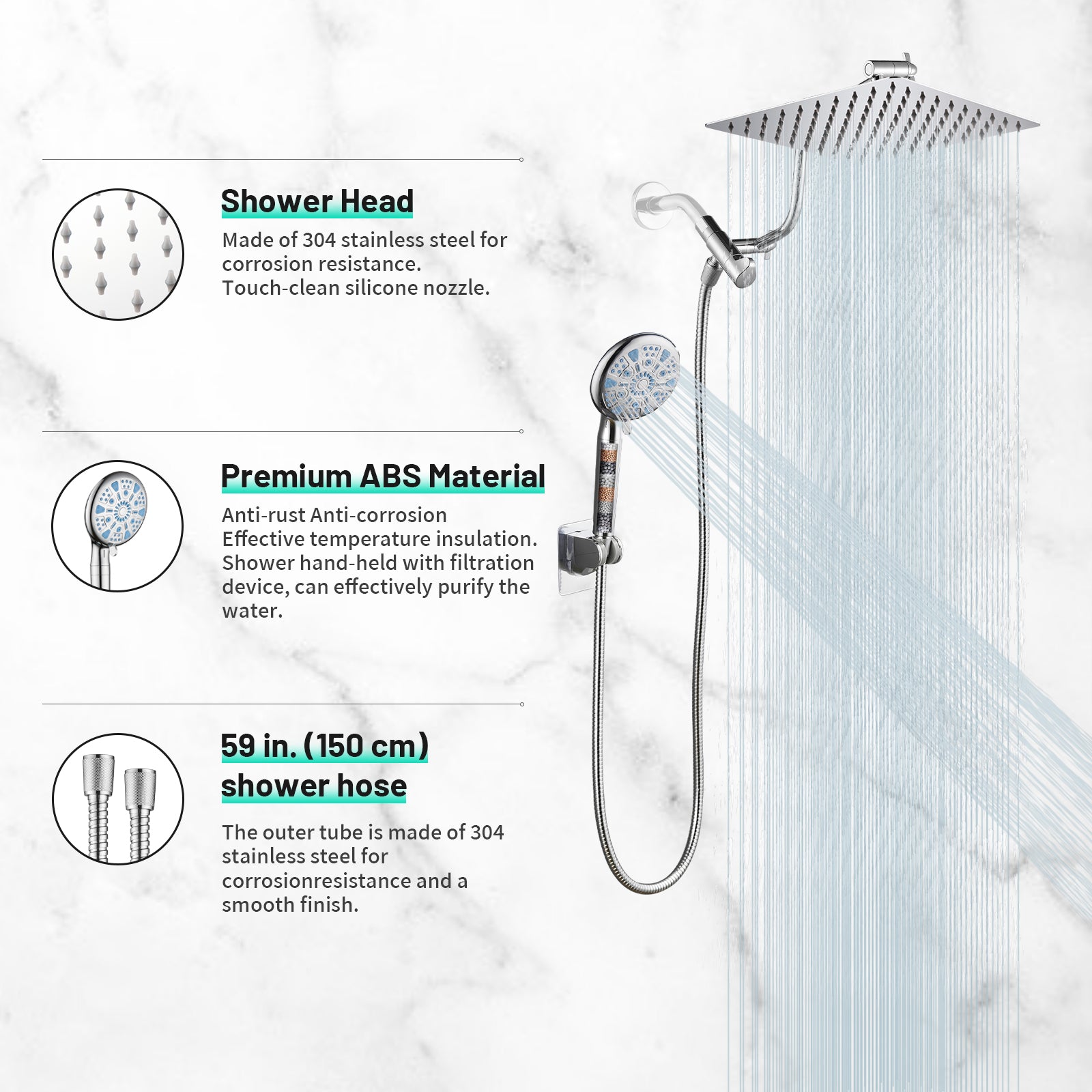 Rainfall Shower Head Combo 5-Spray 8 in. Wall Mount Dual Shower Heads and Handheld Shower Head with 1.8 GPM in Chrome