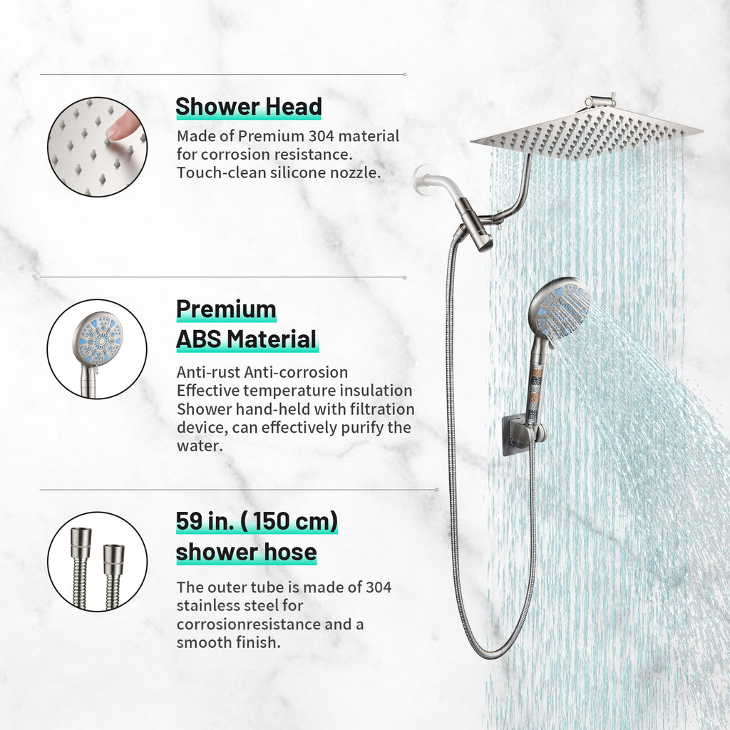 Rain Shower Head Combo 1.8 GPM 5-Spray 8 " Wall Mount Dual Shower Heads and Handheld Shower Head in Brushed Nicke