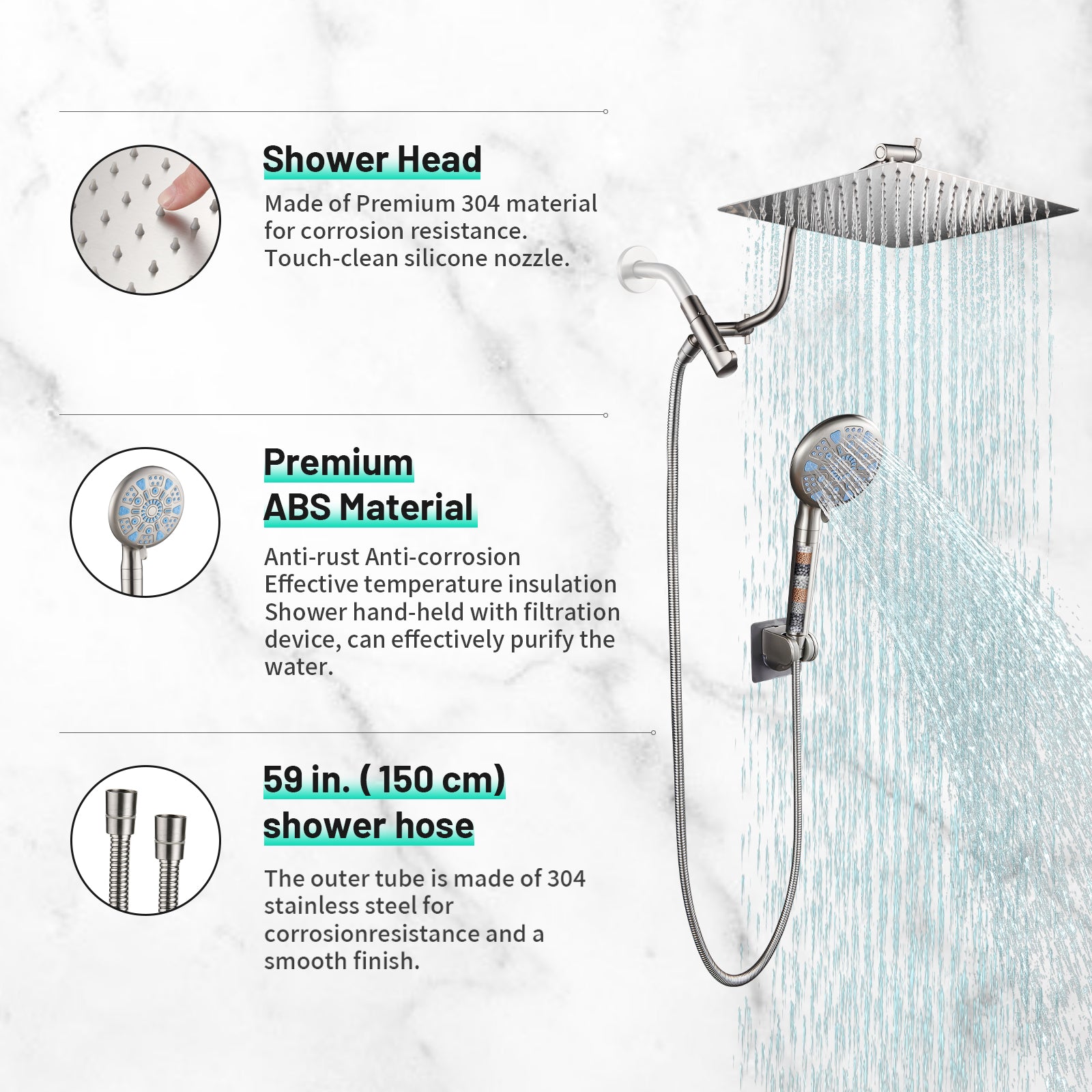 Rainfull 2-in-1 9-Spray Patterns Adjustable Wall Mount Shower Head with Filter 2.5 GPM and Handheld Shower Head in Nickel