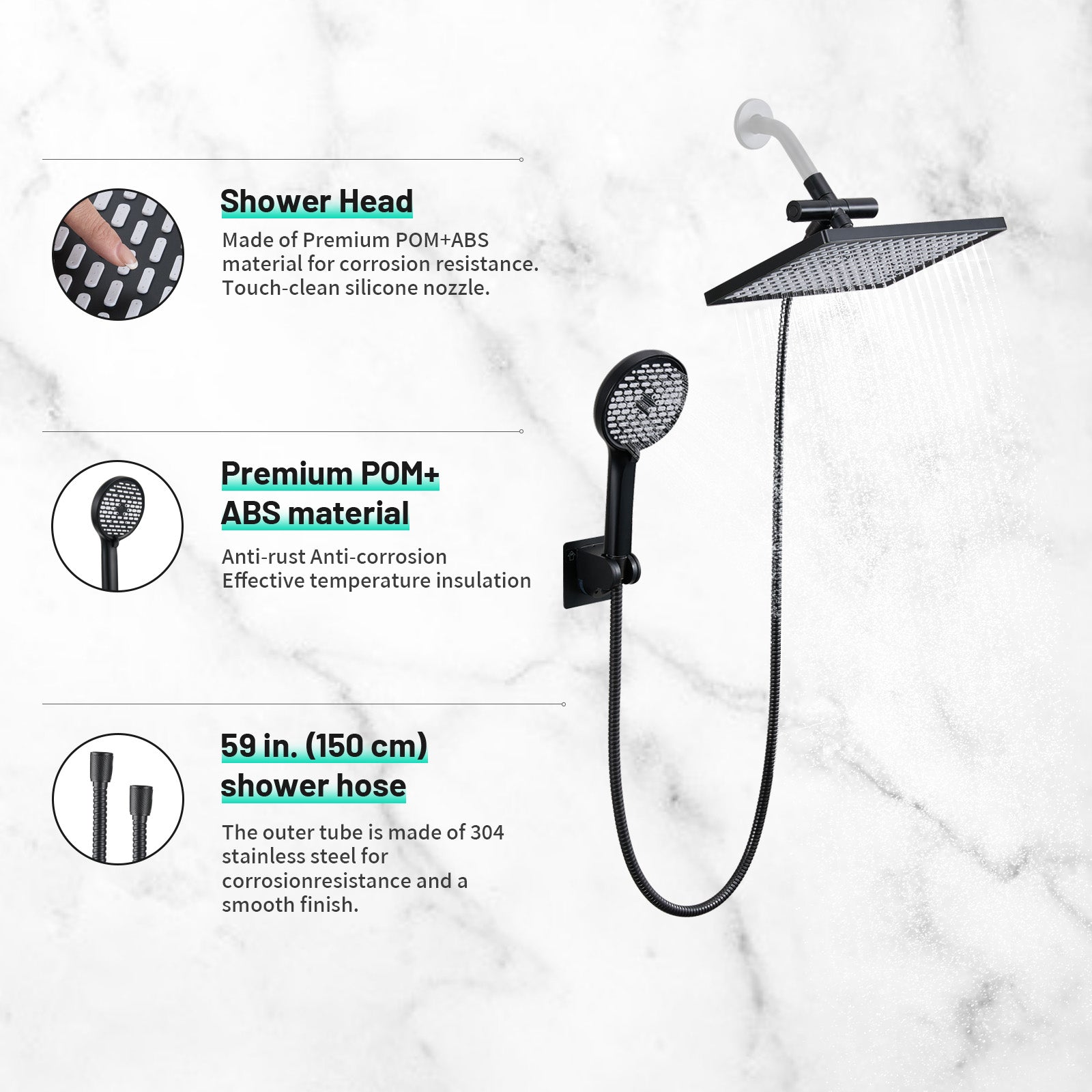 Rainfall Shower Head Combo 6-Spray 12 in. Wall Mount Dual Shower Heads and Handheld Shower Head with 1.8 GPM in Black
