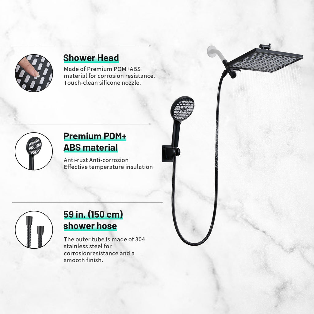 Rainfull 2-in-1 6-Spray 12 in. Wall Mount filtered Dual Shower Head Fixed and Handheld Shower Head 1.8  GPM in Black