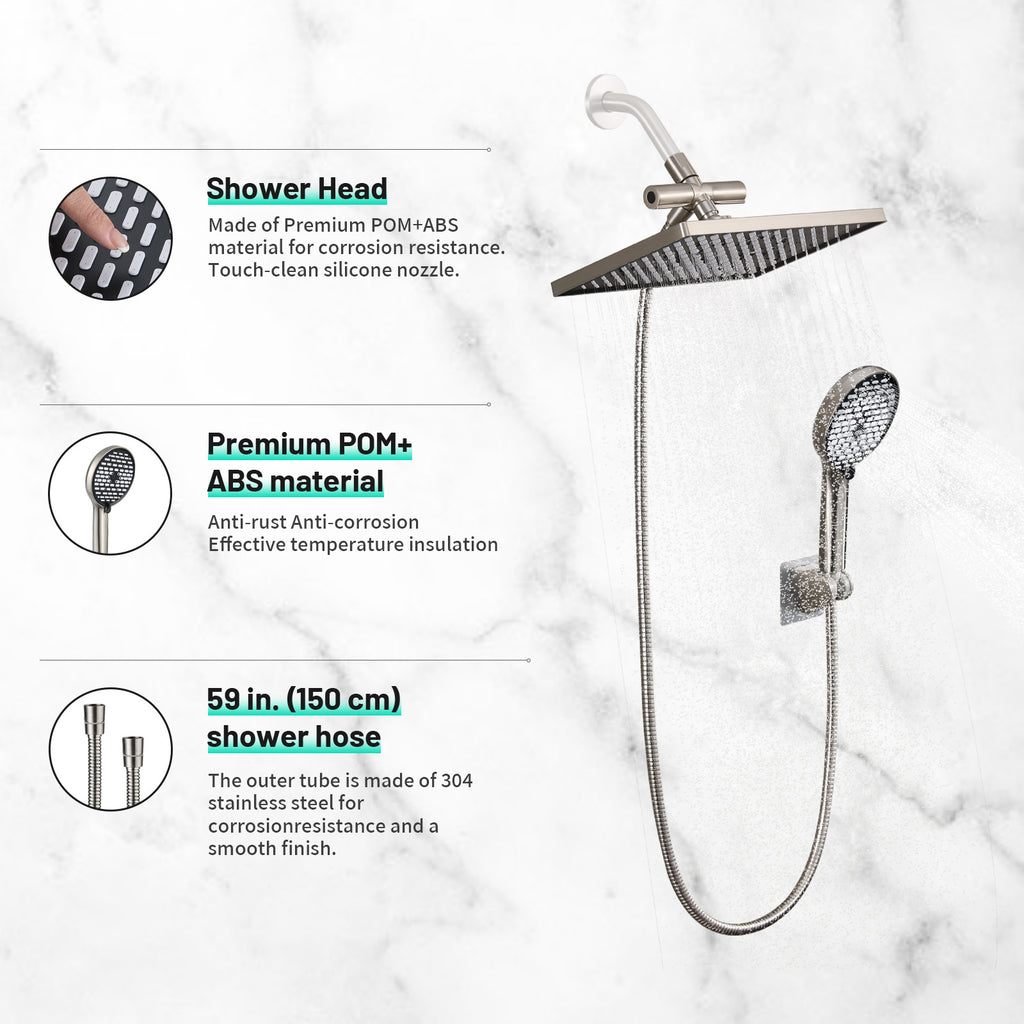 Rainfall Shower Head Combo 6-Spray 12 in. Wall Mount Dual Shower Heads and Handheld Head with 1.8 GPM in Brushed Nickel