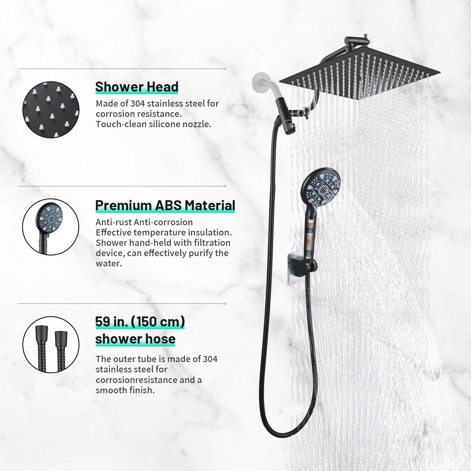 Rainfull 2-in-1 9-Spray Patterns Adjustable Wall Mount Shower Head with Filter 2.5 GPM and Handheld Shower Head in Black