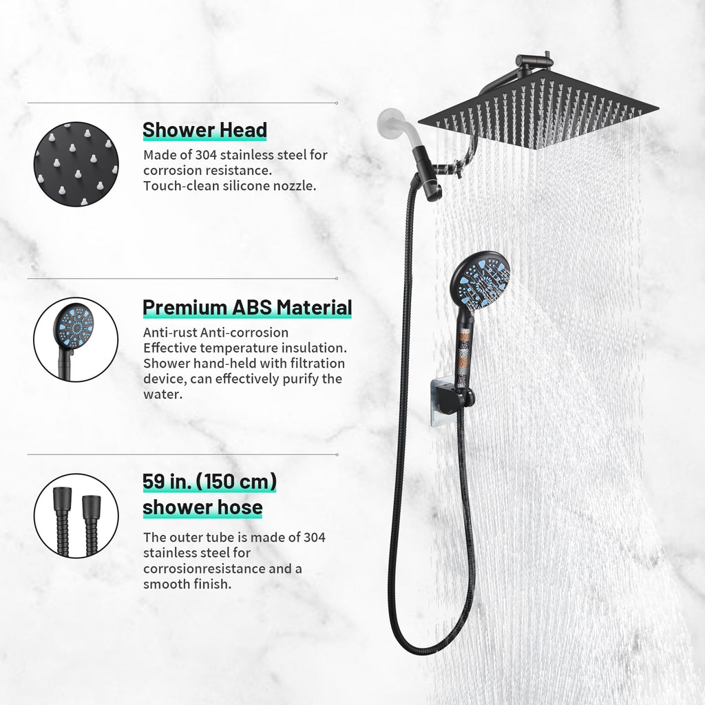 Rainfull 5-Spray Patterns 10 in. Wall Mount Dual Shower Heads and Handheld Shower Head 1.8 GPM in Matte Black