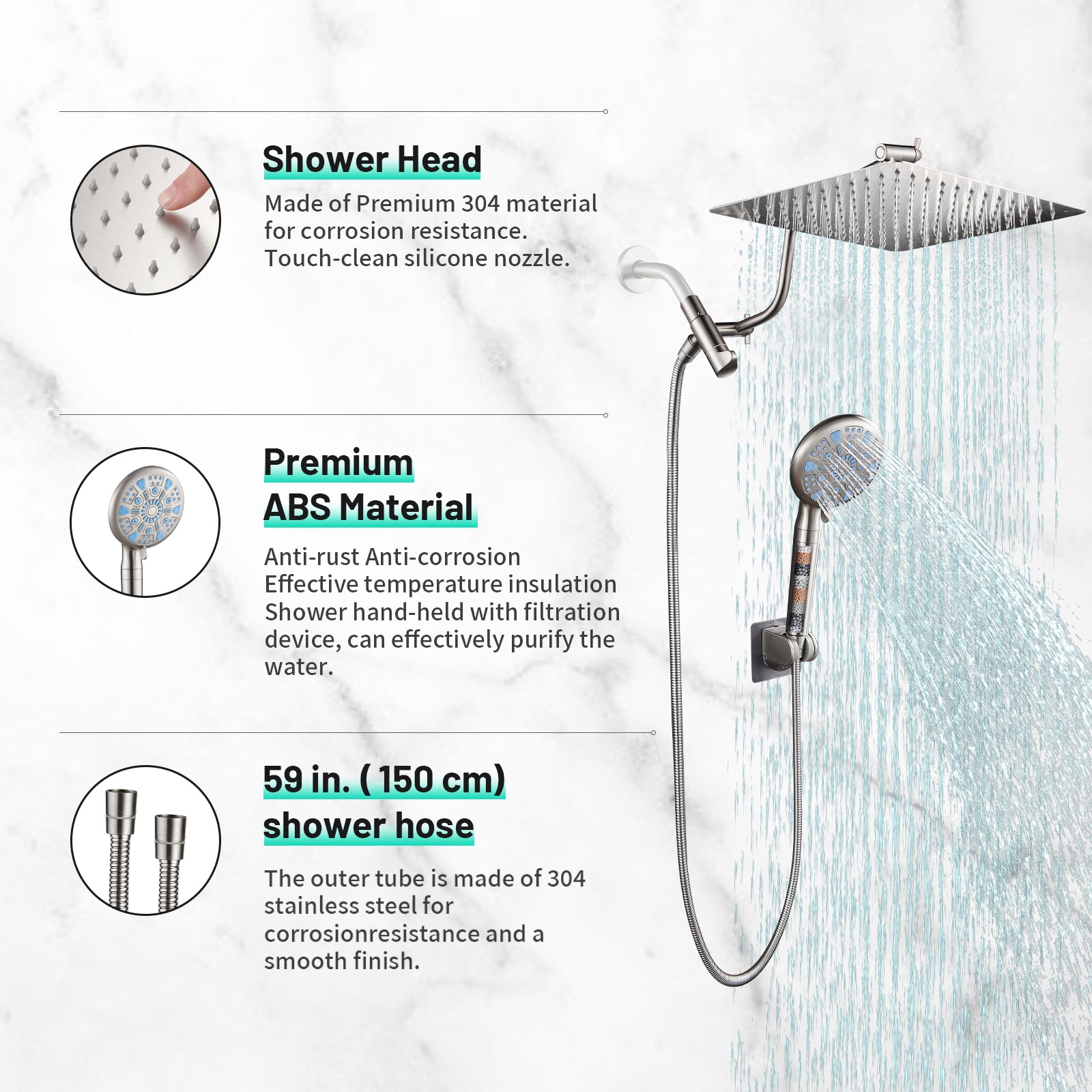 Rainfull 2-in-1 9-Spray Patterns Adjustable Wall Mount Shower Head with Filter 2.5 GPM and Handheld Shower Head in Nickel