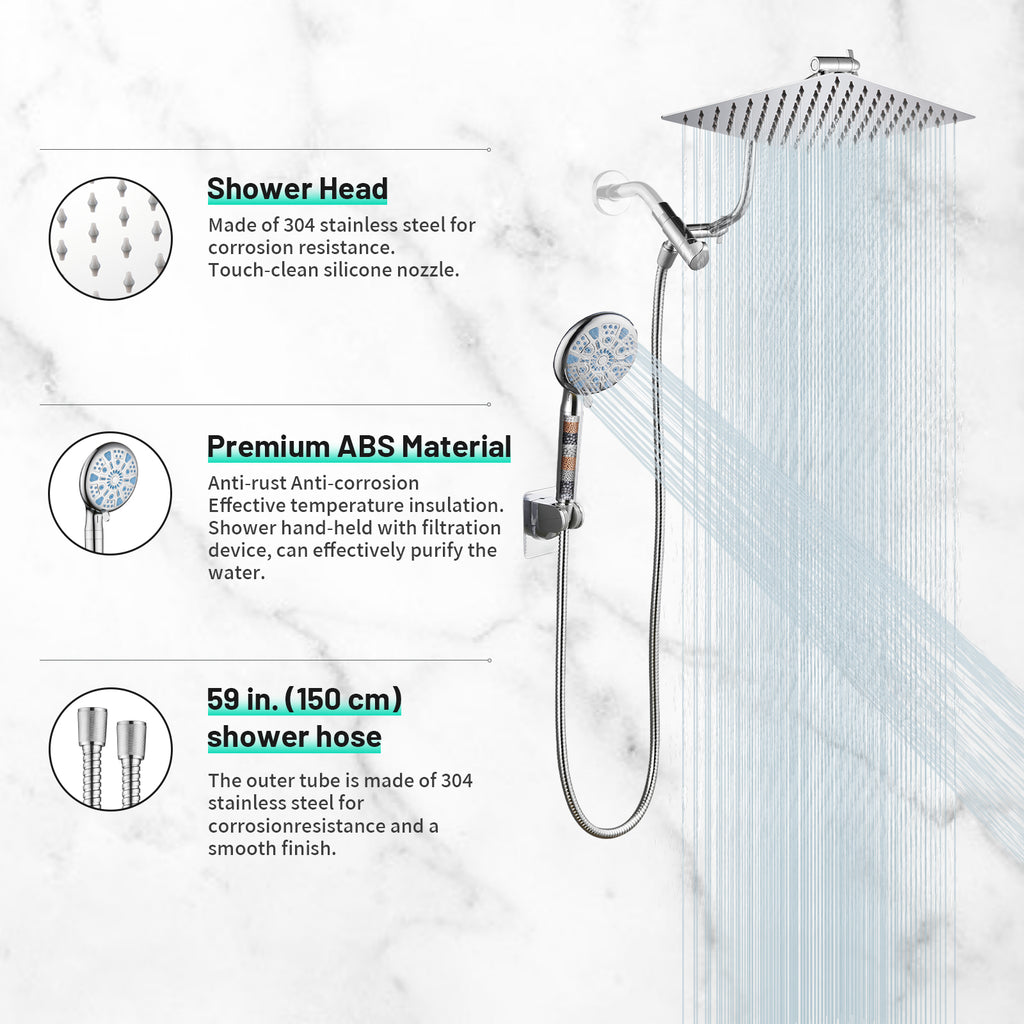 Rainfull 2-in-1 9-Spray Patterns Adjustable Wall Mount Shower Head with Filter 2.5 GPM and Handheld Shower Head in Chrome