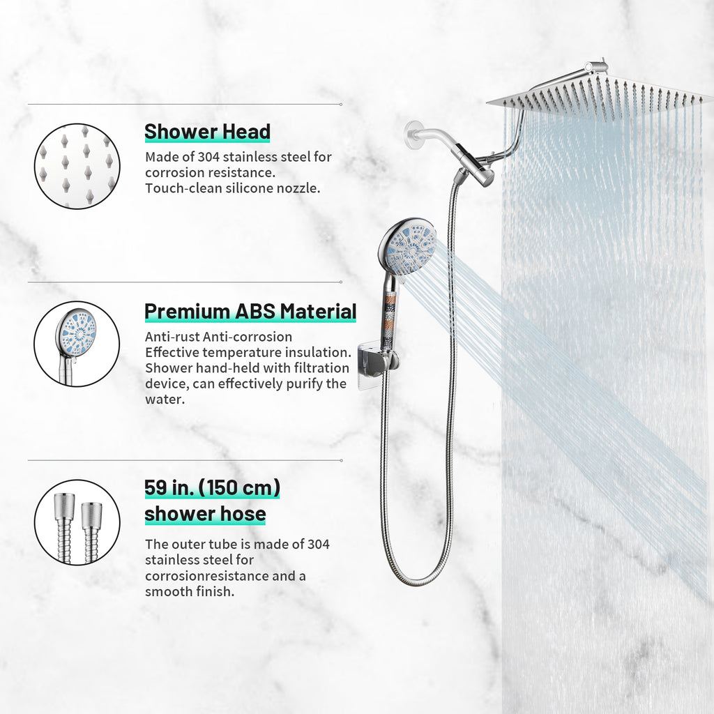 Rainfull 2-in-1 9-Spray Patterns Adjustable Wall Mount Shower Head with Filter 2.5 GPM and Handheld Shower Head in Chrome