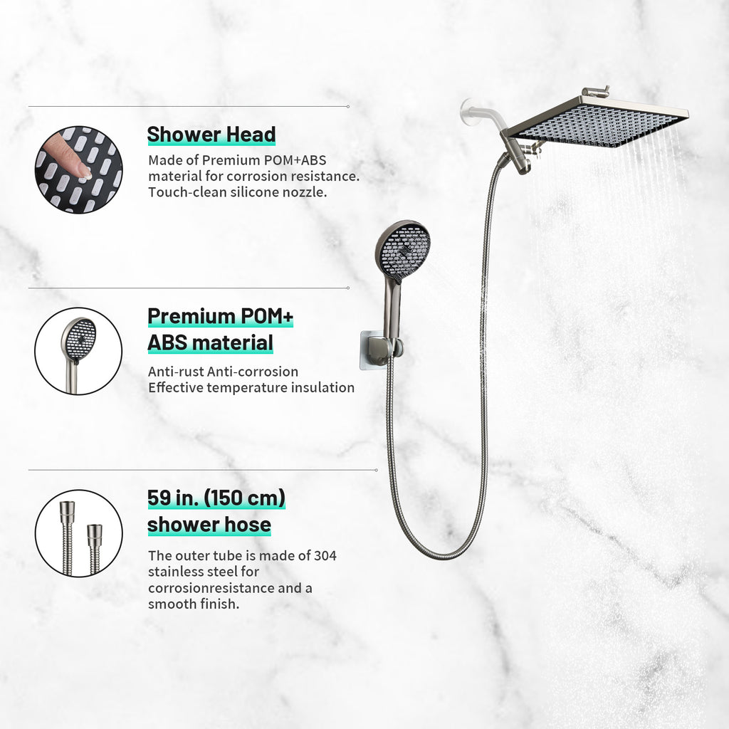 Rainfall Shower Head Combo 6-Spray 12 in. Wall Mount Dual Shower Heads and Handheld Head with 1.8 GPM in Brushed Nickel