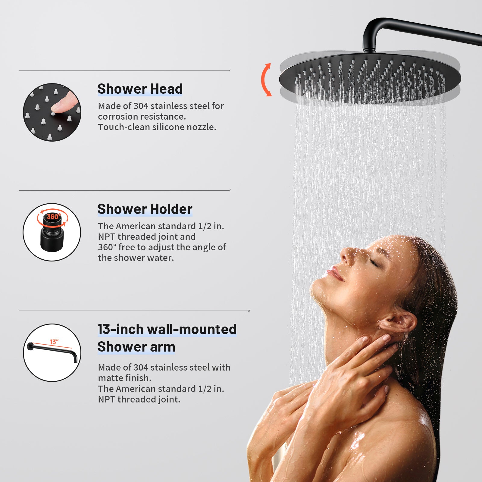 Rain Single Handle 1-Spray with Valve 1.8 GPM 12 " Shower Faucet Pressure Balance Dual Shower Heads in Black