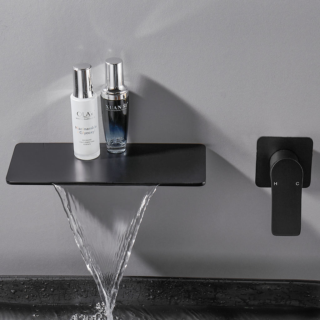 Single-Handle Rectangular Waterfall Wall Mounted Bathroom Faucet in Matte Black