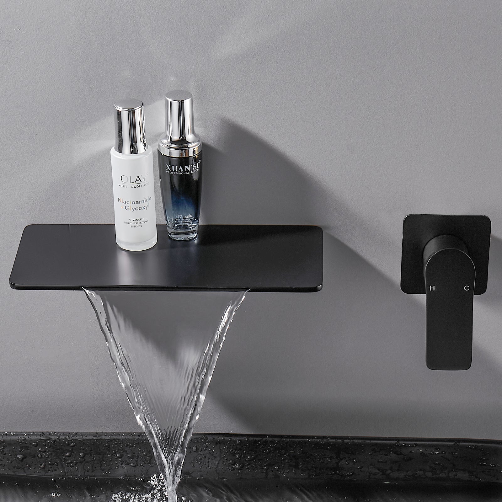 Single-Handle Rectangular Waterfall Wall Mounted Bathroom Faucet in Matte Black