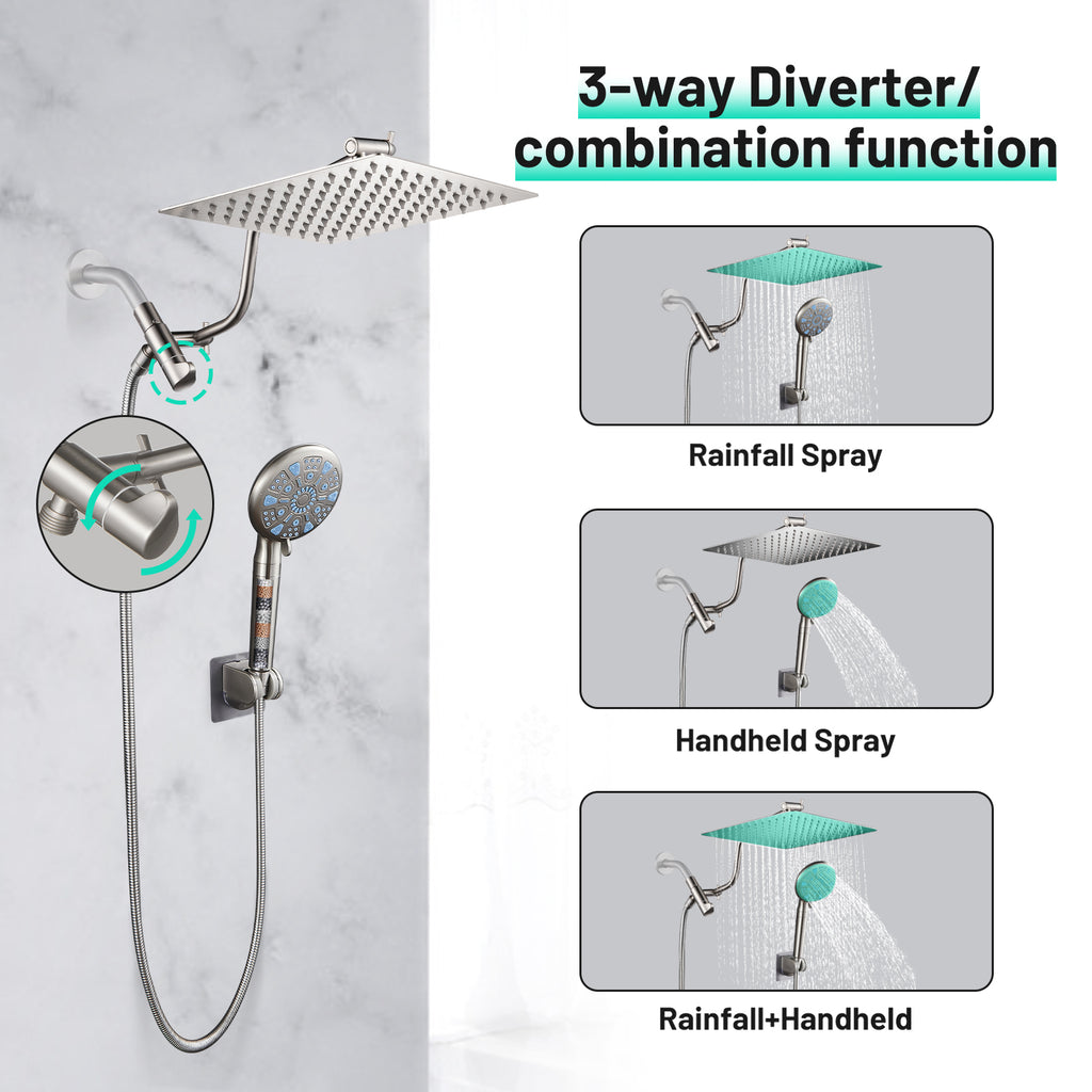 Rainfull 2-in-1 9-Spray Patterns Adjustable Wall Mount Shower Head with Filter 2.5 GPM and Handheld Shower Head in Nickel